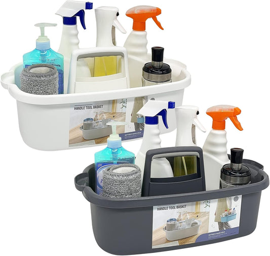 2 Pack Multi-Purpose Plastic Cleaning Caddy with Handle, Shower Caddy Organizer/Storage Basket/Totes Portable for Bathroom Supplies, Cleaning Products, Under Sink Tool. (grey+white)