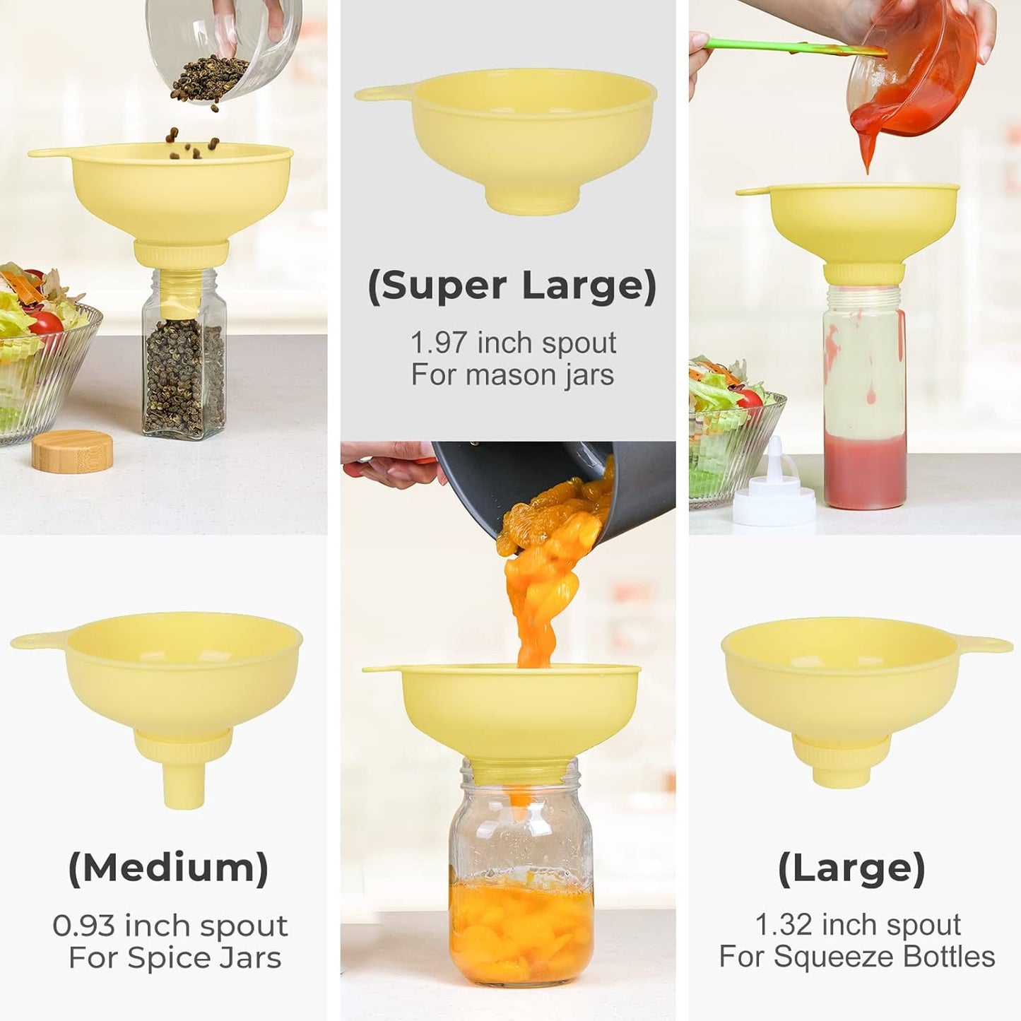 Wide Mouth Kitchen Funnel, Food Grade Plastic Cooking Canning Funnel with 4 Sizes Spouts for Filling Wide and Regular Mason Jars, Spray Dropper Oil Bottle Jug Spices Shampoo Sauce
