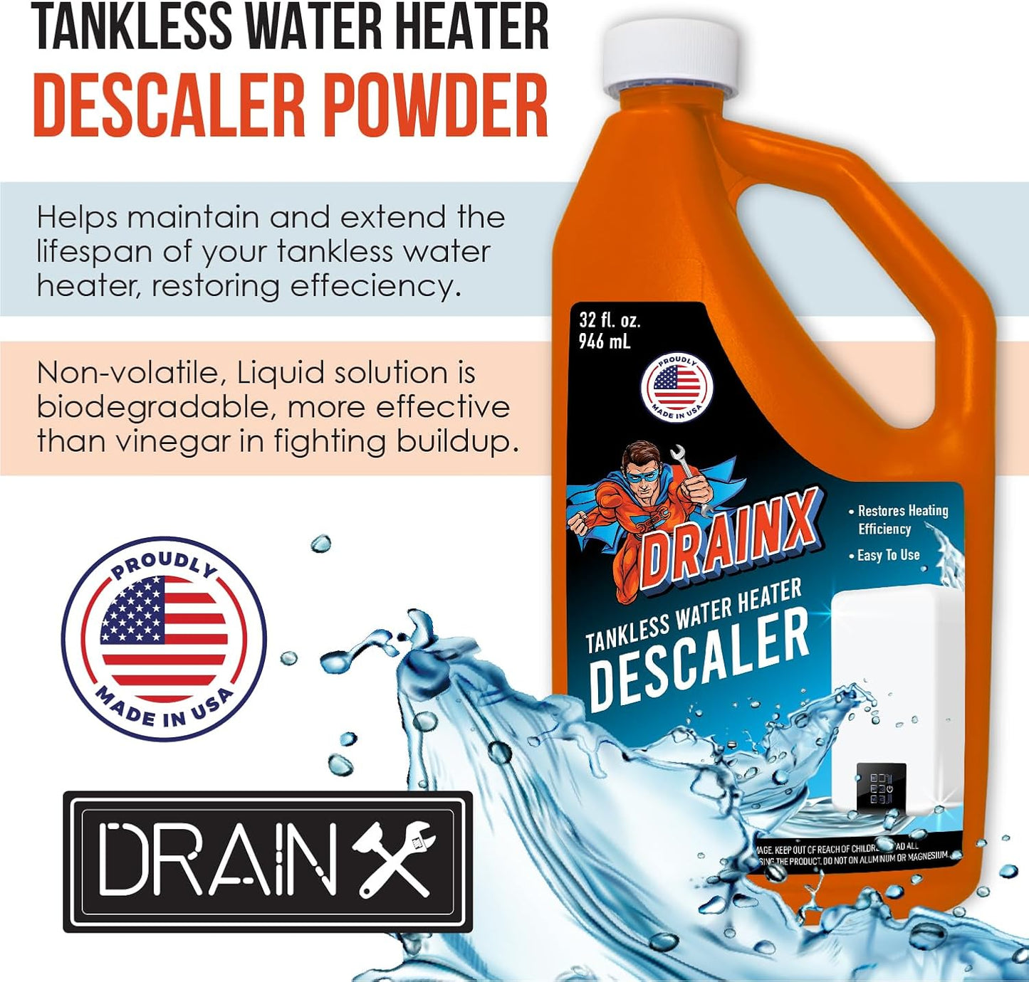 DrainX Tankless Water Heater Flush Kit Includes 4 Quarts of Eco Friendly and Powerful Liquid Descaling Solution for 4 Uses, 5 Gallon Bucket and 1/6HP Extra Strength Pump