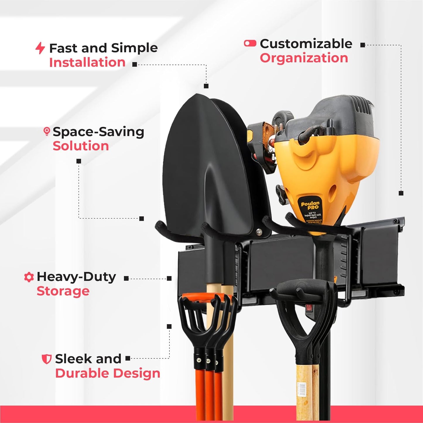 Garage Wall Organizer | 80" Heavy-Duty Tool Storage Rack | Adjustable Double-Layer Hooks | 500 lbs Capacity | Carbon Steel Wall Mount Holder for Shovels, Rakes, Ladders & Power Tools