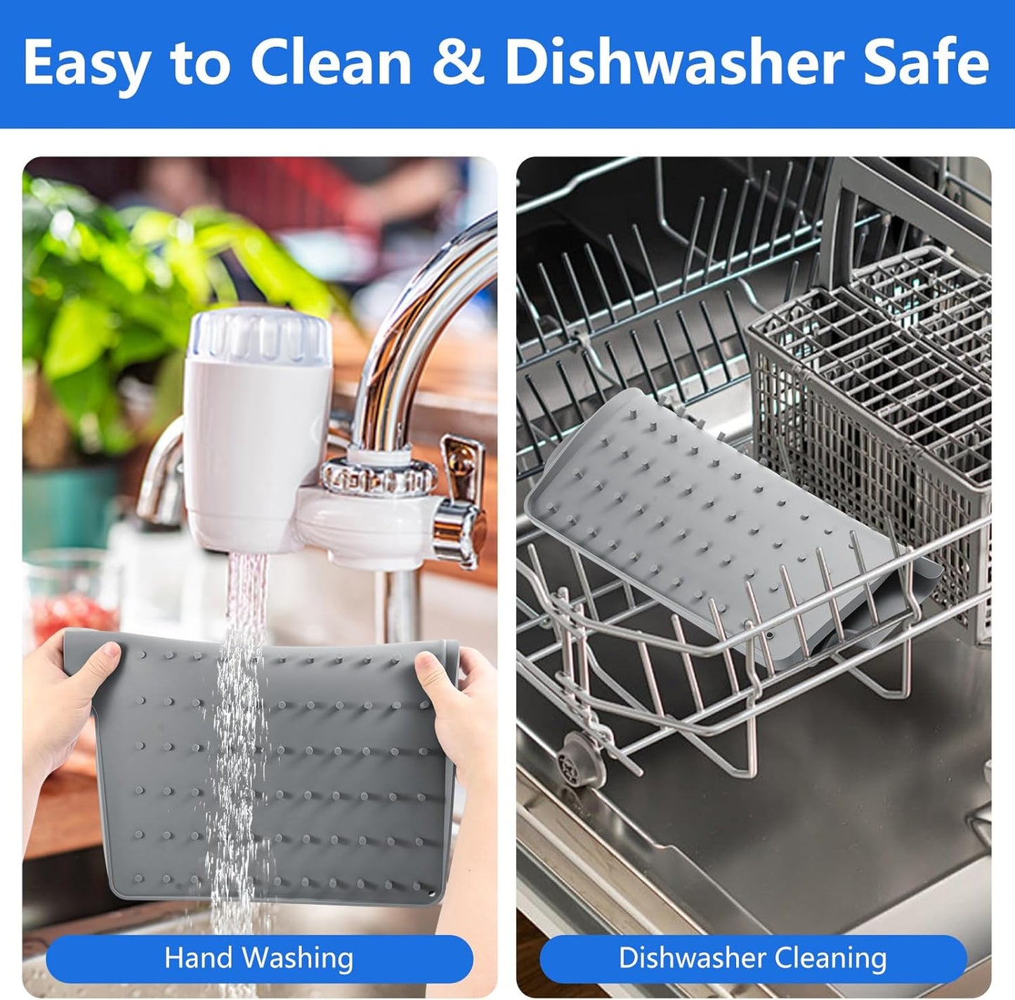 Silicone Dish Drying Mat for Kitchen Counter, Dish Drainer Mat, Non-Slip Drying Pad with Built-in Drain, Kitchen Drying Matt For Counter(18.9" x 11.8", Gray)