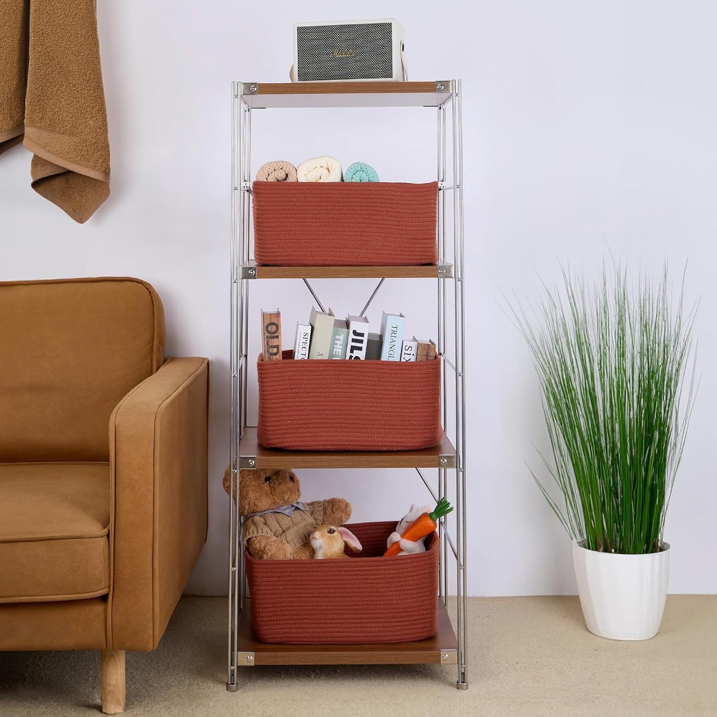 Large Storage Baskets for Organizing, Closet Shelf Baskets for Clothes Blanket Towels, Baby Nursery, Toy Bins Box, Woven Rope Baskets, 17 x 13 x 7.5”, 4 Packs Oxide Red