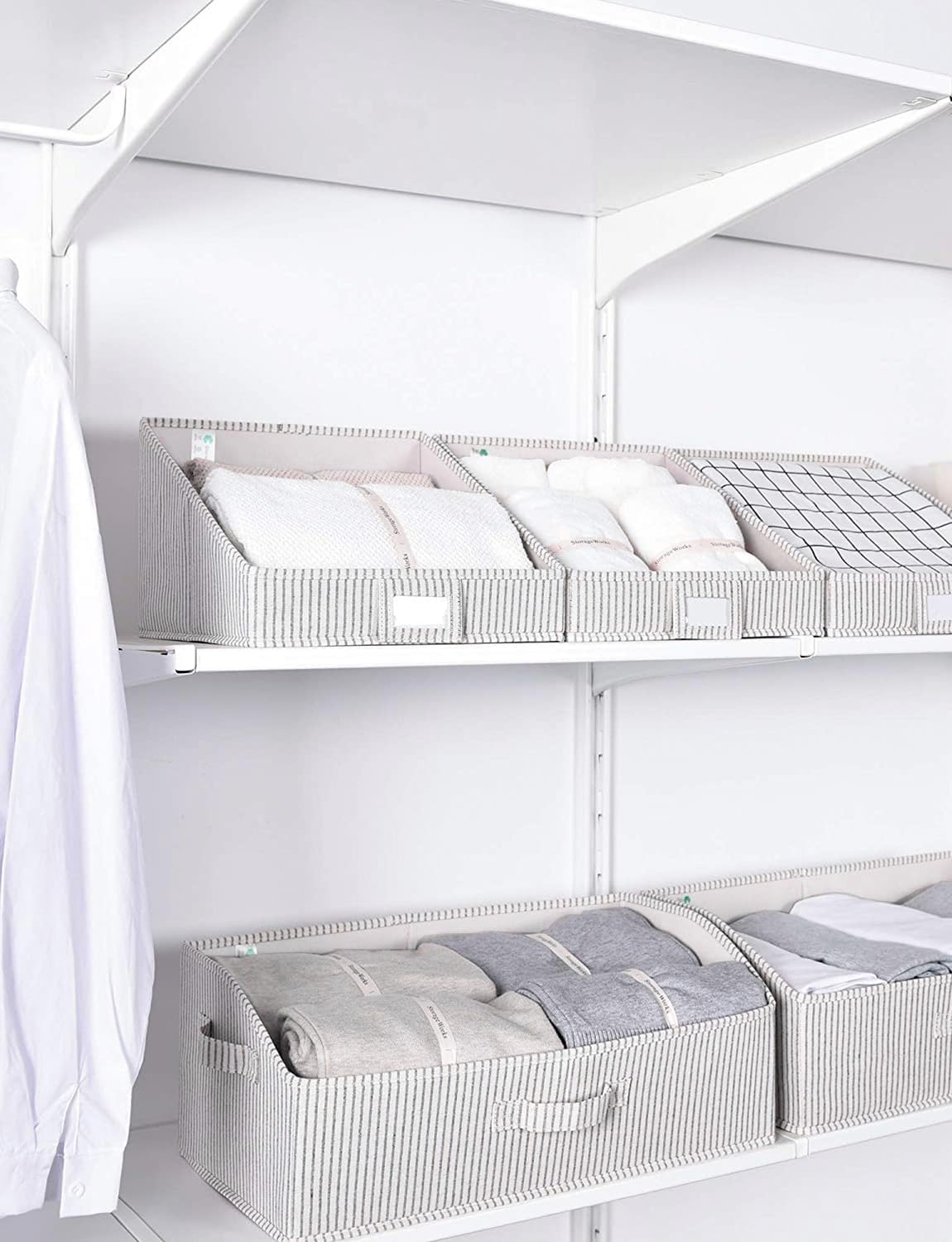 StorageWorks Closet Storage Bins, Trapezoid Organizer Box for Shelves, Fabric Clothes Bin, Foldable Organizing Baskets with Handles, Large, Khaki and Beige Stripes, 3-Pack