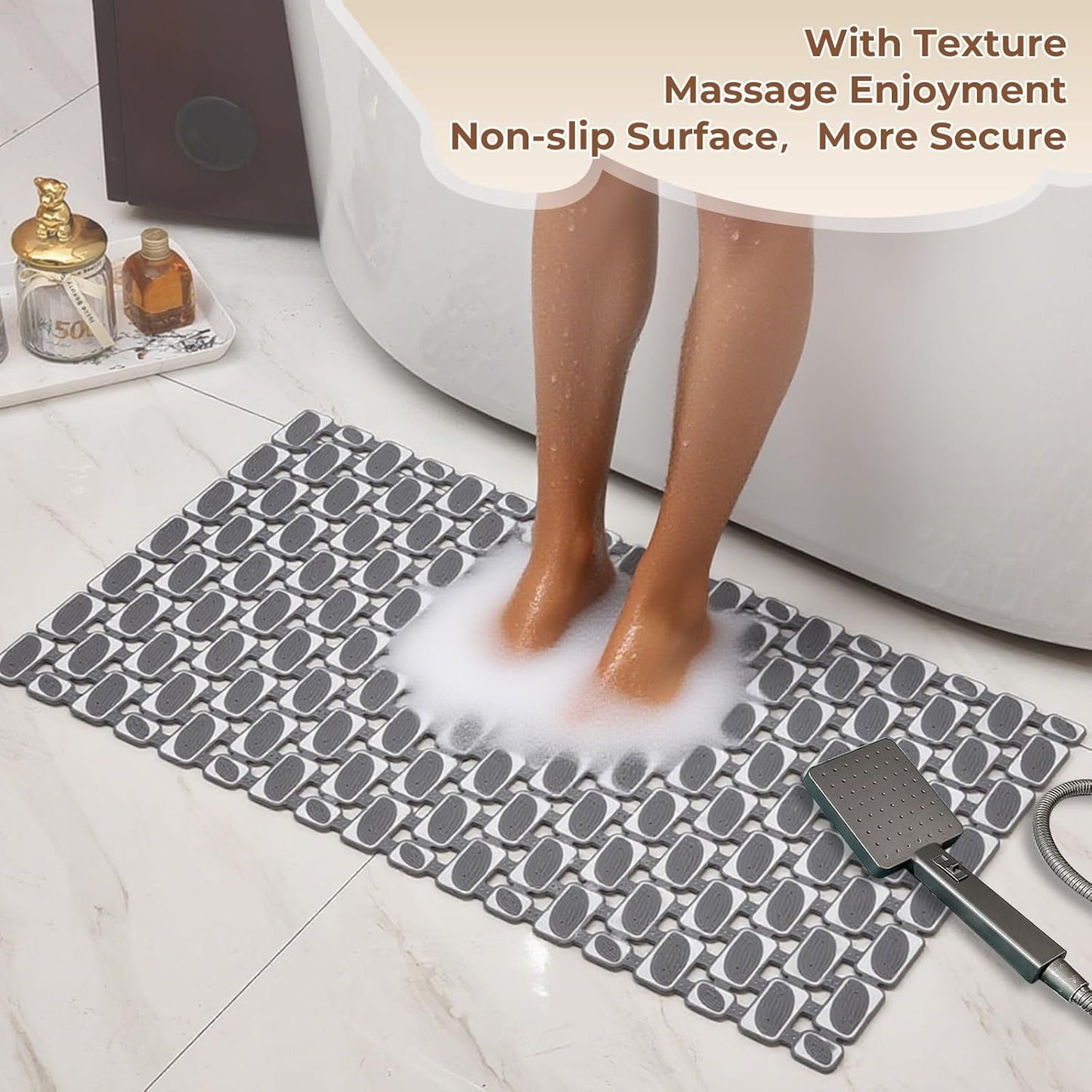 Bathtub Mats Non Slip for Bathroom with Suction Cups and Drain Holes 27.6 * 15.7 Inch Shower Mat for Inside Shower, Quick Dry Bath Mat for Baby Kids Seniors, Easy to Cut Easy Dry