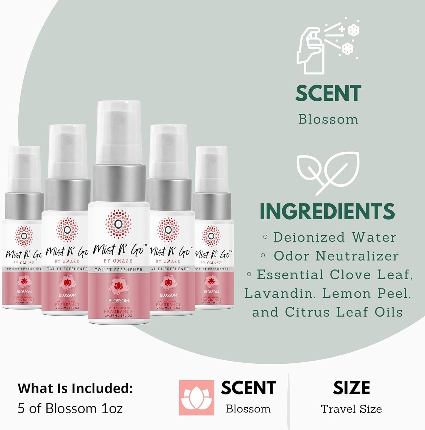 Mist N’ Go by Omaze Travel Bathroom Spray for Toilet Spray Odor Eliminator - Travel Toilet Spray for Bathroom Air Freshener Spray for Bathroom Deodorizer - Blossom Travel Size (1oz x5)