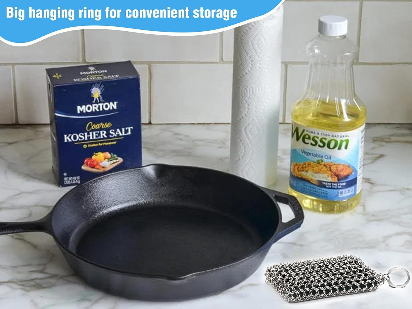 Herda Chain Mail Cast Iron Cleaner Scrubber,316 Chainmail Pan Scrubber Metal Cleaning Brush, Pad, Sponge Scraper to Clean Skillet,Dutch Oven, Wok,Grill Griddle,Chain Link Scrub Brush Pot Care Kit