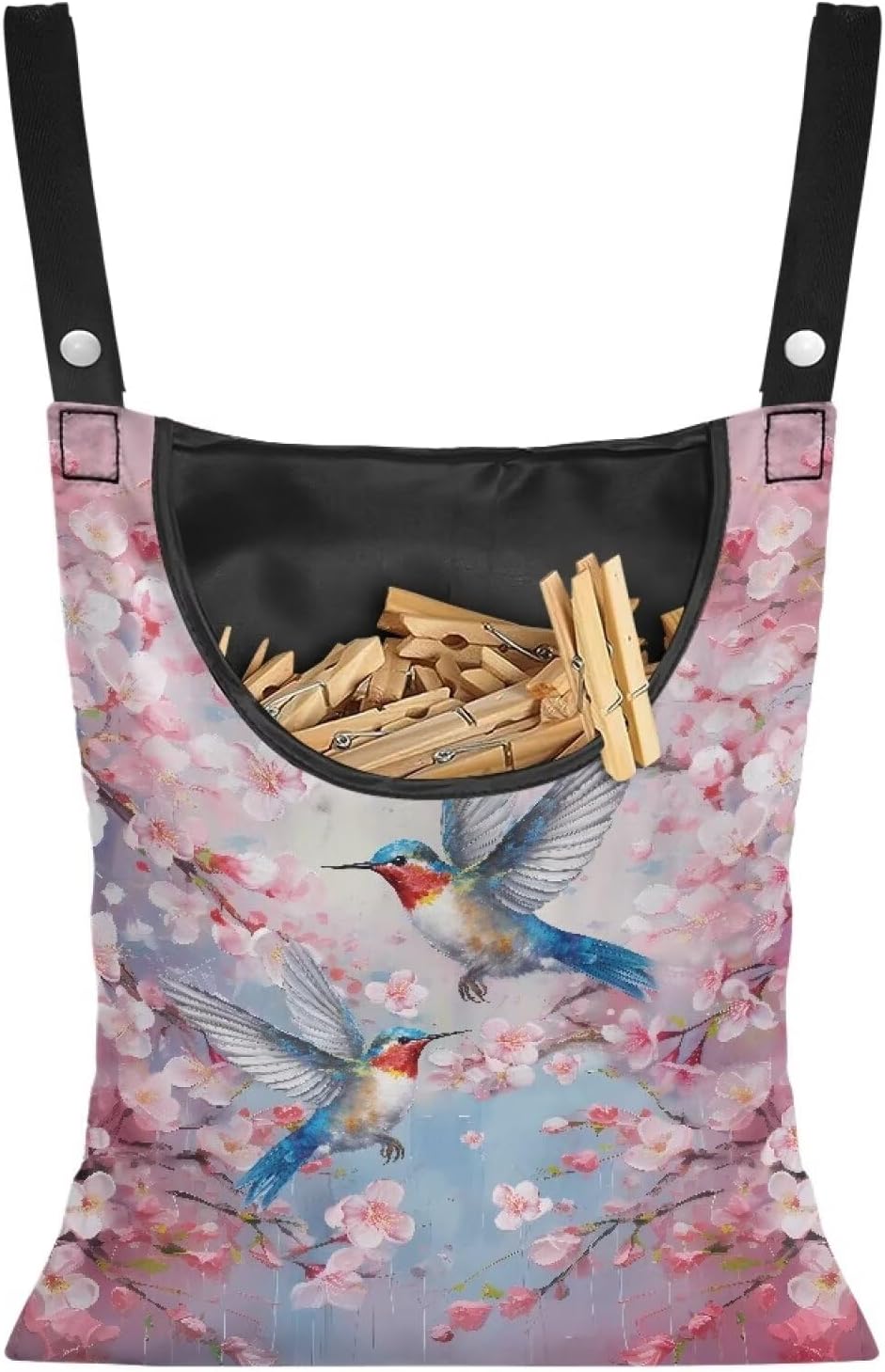 Hummingbird Clothespin Bag with Hanging Hook Cherry Blossom Clothes Pin Holder Waterproof Clothespin Storage Organizer with Large Opening Clothespin Bag for Clothesline Outdoor