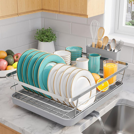 Stainless Steel Dish Drying Rack for Kitchen Counter, Sink Organization and Storage Essentials with Silverware & Utensil Holder, Home and Apartment Decor, 12''W x 15.6''L, Silver