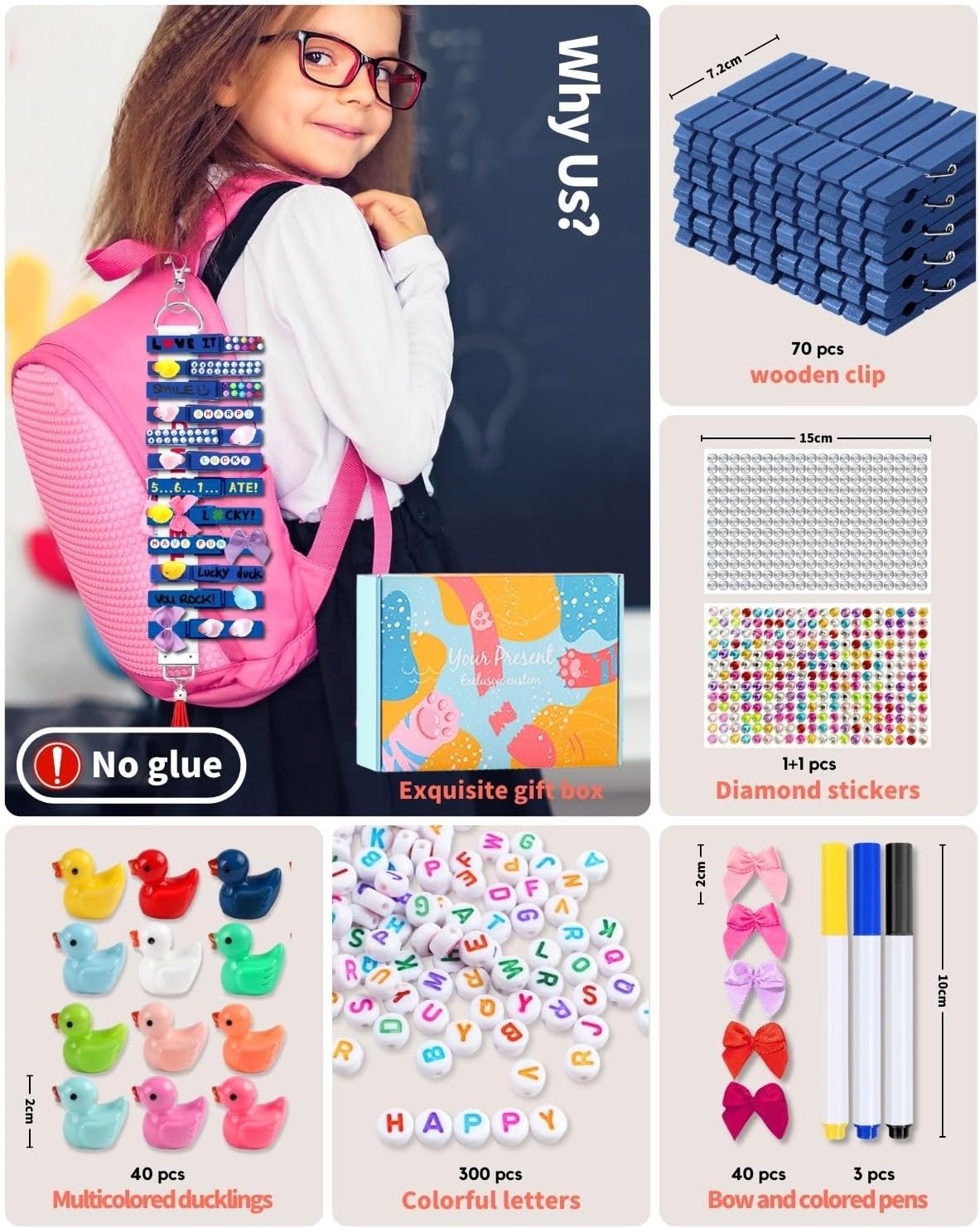 Cheer Pins for Backpack Cheer Stuff Kit 70 Blue Colored Clothes Pins with Mini Resin Ducks Bows Letter Beads Team Cheerleaders Gifts Bulk Pin Me Ribbon for Bag Decorations Competition Spirit Clips