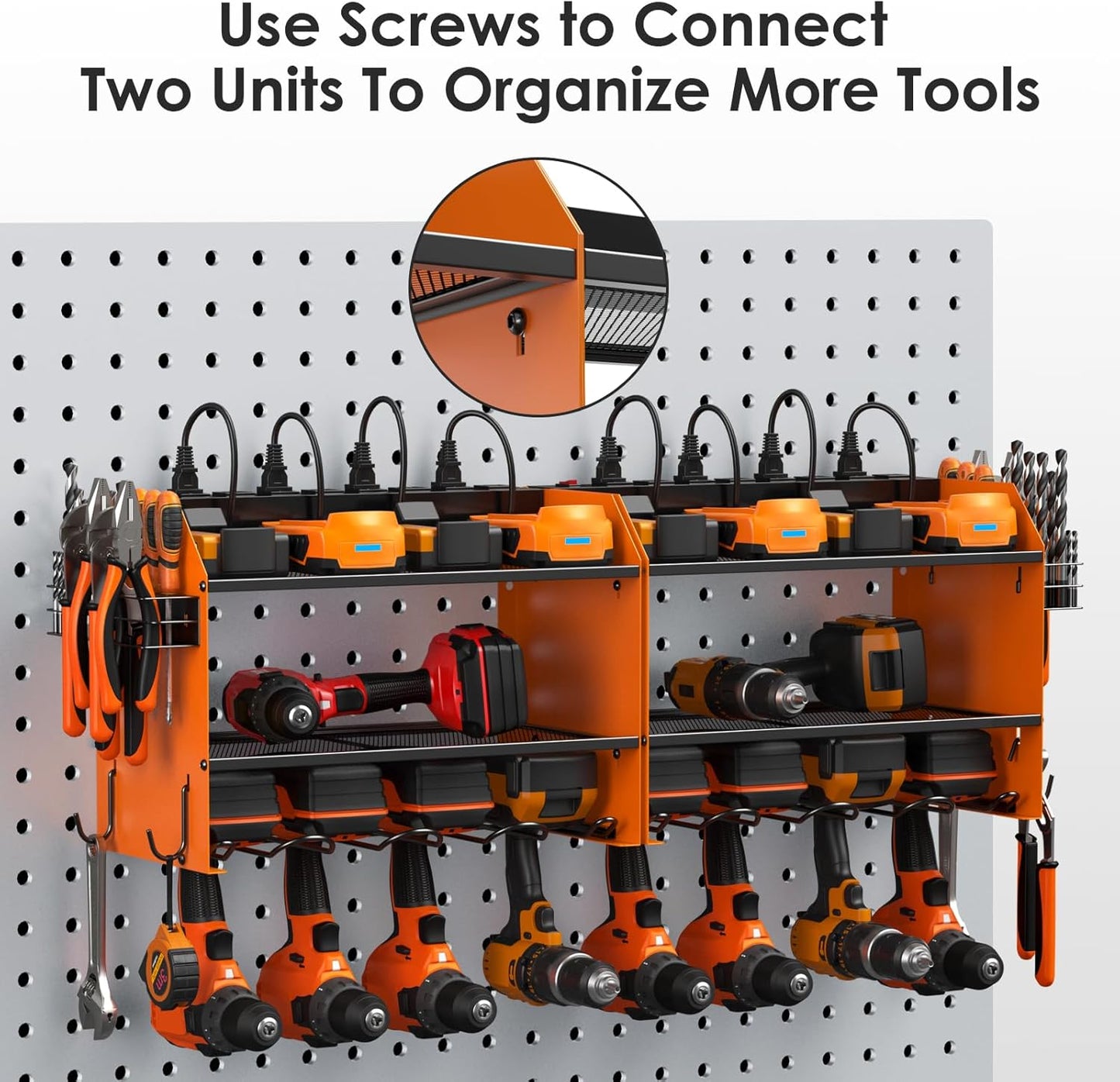 CCCEI Set Power Tool Organizer Wall Mount with Charging Station. Garage 4 Drill Storage Shelf with Hooks, Heavy Duty Metal Tool Battery Charger Organizer. Shop Utility Rack with Power Strip Orange.