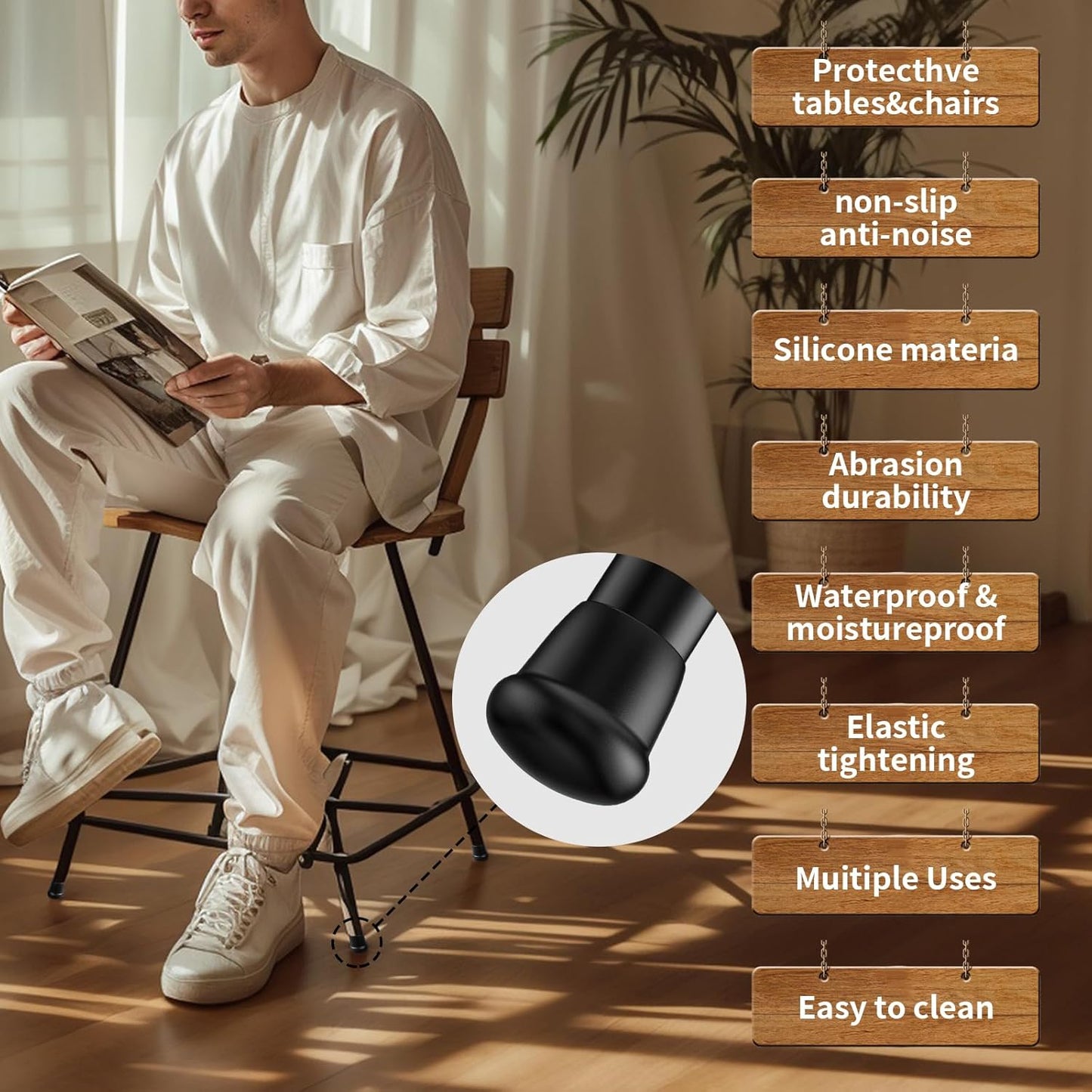 1 Inch Heavy Duty Rubber Chair Leg Caps - 24 PCS Non-Slip Furniture Floor Protectors with Metal Inserts for Wood, Tile, Carpet - Fits Chairs,Stools,Bar Stools