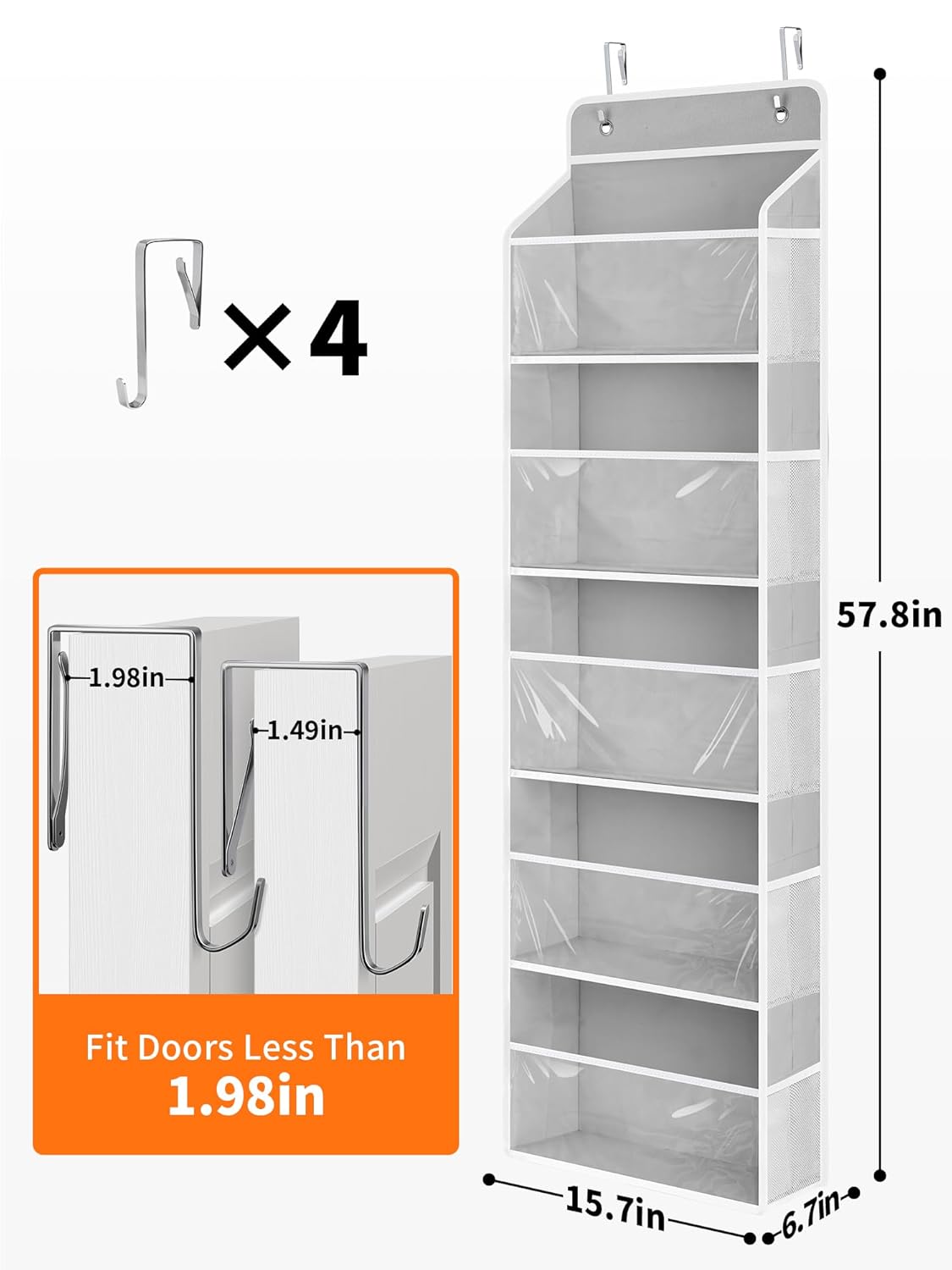 JARLINK 2 Pack Toy Stuffed Animal Storage, Over The Door Organizer W/Clear View Windows, 44lb Load, Baby Toy Storage Organizer for Nursery, Kid Bedroom, Newborn Baby Essentials (Light Grey)