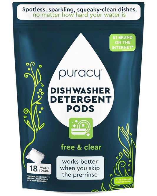Puracy Dishwasher Pods, Natural Dishwasher Detergent, Free & Clear Dish tabs - Enzyme-Powered, Spot & Residue Free - TikTok Trend Items, Must Haves from TikTok Made Me Buy It (Free & Clear, 18 Count)