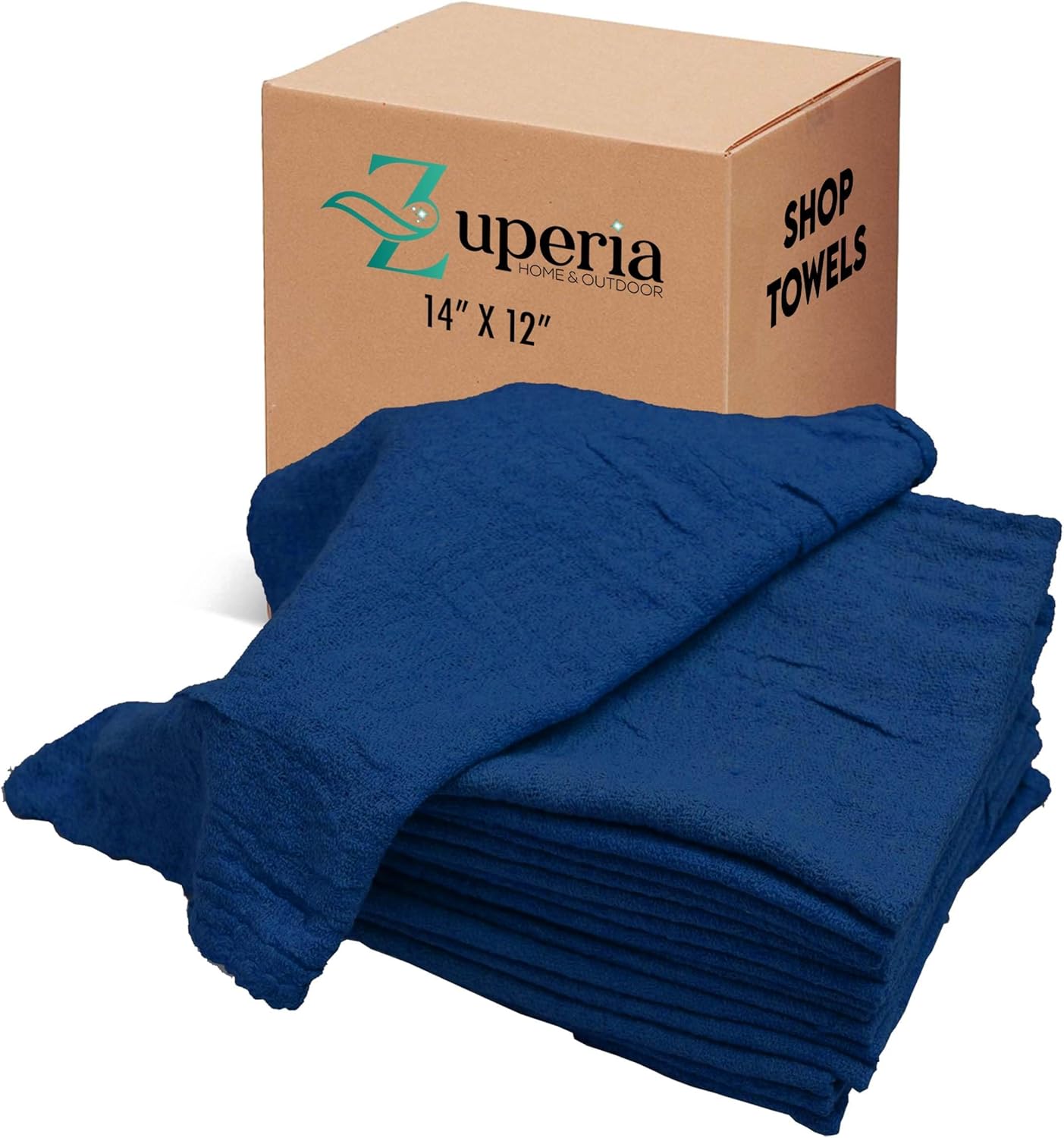 ZUPERIA Cotton Shop Towel – Multipurpose Cleaning Cloths (14" x 12" - Pack of 150 - Blue) Reusable Shop Rags for Automobiles, Industrial, Restaurants, Garage, and Homes