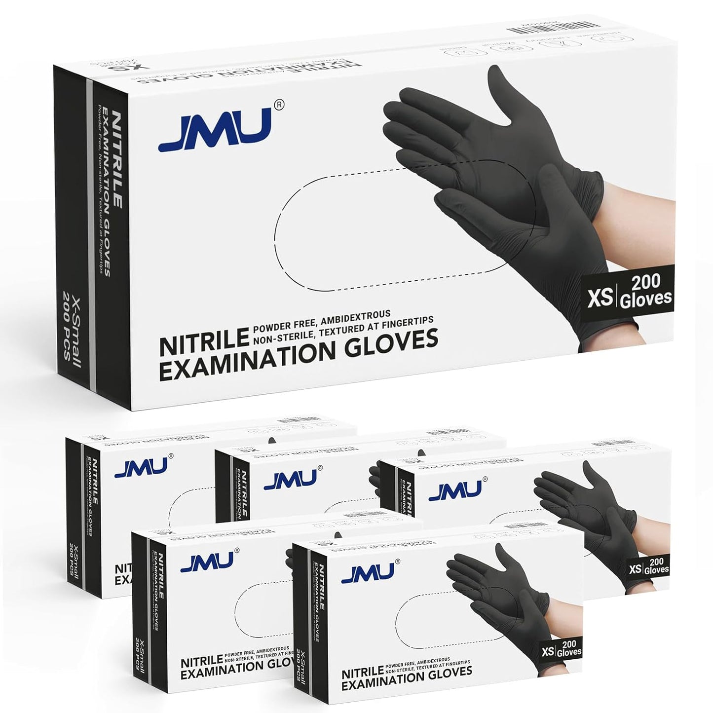 JMU Black Nitrile Gloves XS Bulk, Case of 1200, 3.5Mil, Latex Free Powder Free Nitrile Gloves
