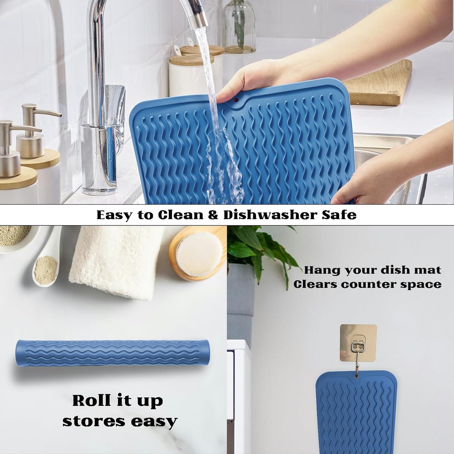 ZLR Silicone Dish Drying Mat for Kitchen Counter, Eco-Friendly Fast Dry Dish Mat, Easy Clean Multi Usage Drying Matt, Heat Resistant Trivet, 12" x 16" Large, Lichen Blue