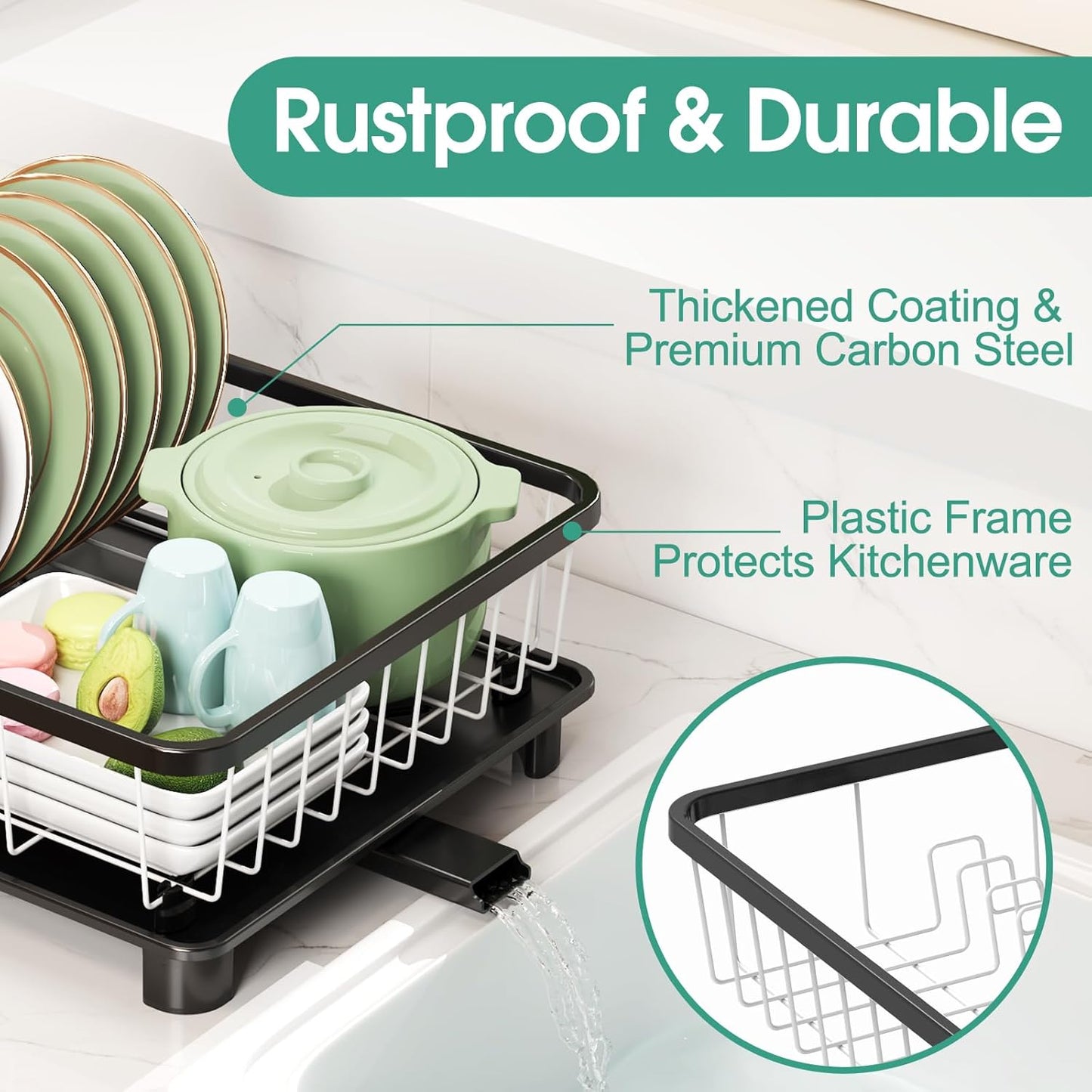 Dish Drying Rack - Space-Saving Dish Rack,Dish Racks for Kitchen Counter with Drainboard, Rustproof Dish Drainer with a Removable 4-Compartment Utensil Holder,Black-White