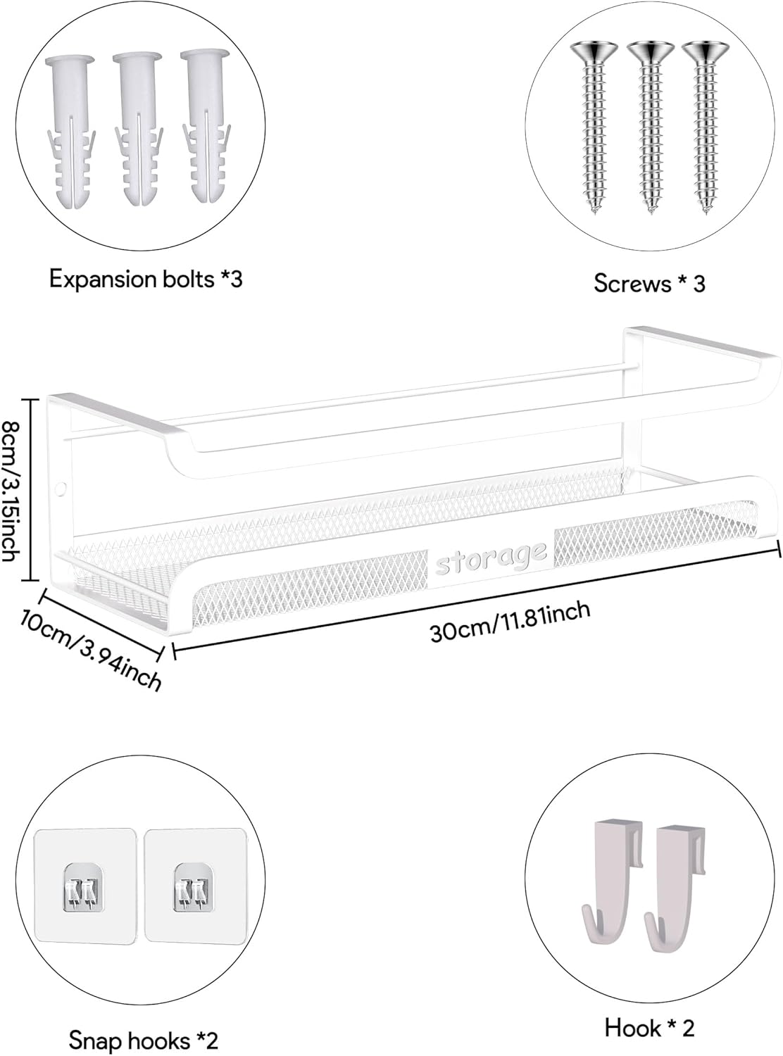 Spice Rack Wall Mount with Hooks - Spice Racks Organizer for Cabinet Storage, Wall Mounted Hanging Shelf Seasoning Organizer, for Kitchen, Pantry Door, Bathroom (White, 2 Pack)