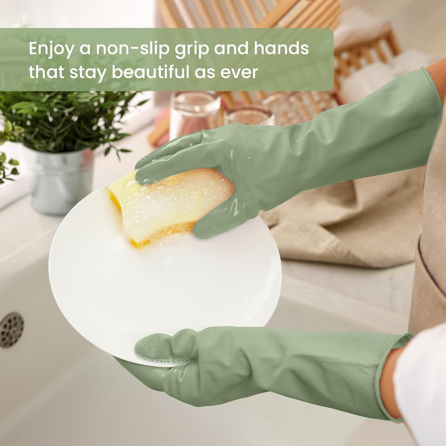 Rubber Cleaning Gloves for Dishwashing, 4 Pairs Reusable Kitchen Gloves for Washing Dishes and Household Cleaning, Green Dish Gloves with Flocked Lining and Non-Slip Grip, Pefect for Woman Men - M