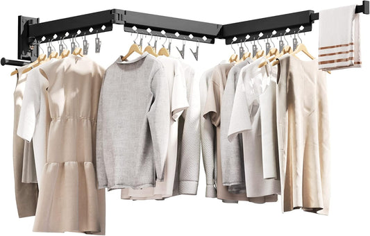 Wall Mounted Clothes Drying Rack - Retractable, Collapsible, Folding with Clips - Perfect for Laundry Room Organization