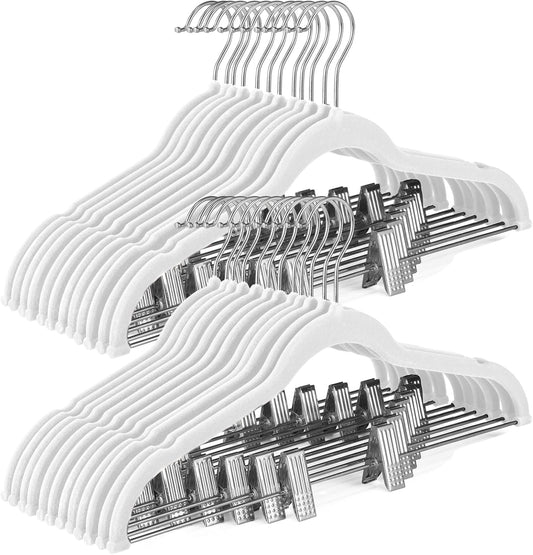 HOUSE DAY Velvet Skirt Hangers 24 Pack, White Velvet Hanger with Adjustable Clips, Space Saving Slim Pant Hangers, Heavy Duty Non Slip Clip Hanger for Pants, Skirts, Shorts