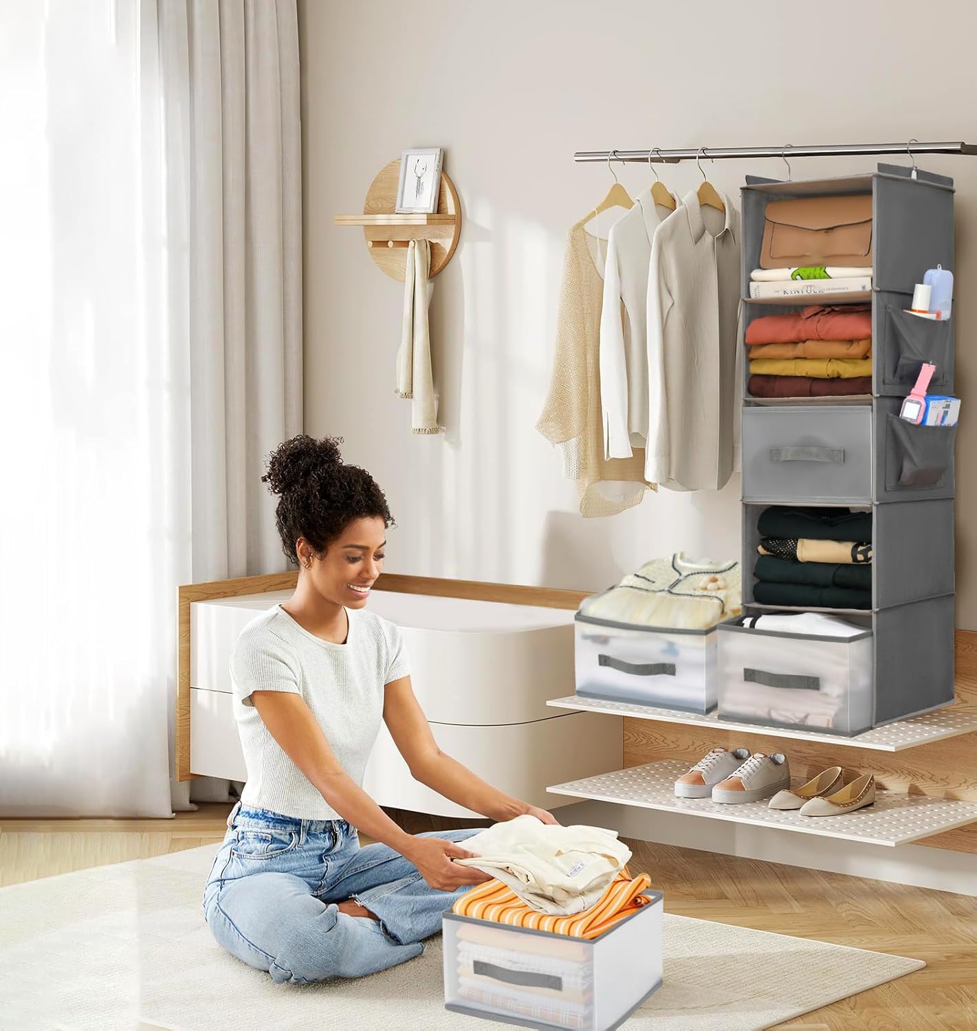 5-Tier Hanging Organizer for Closet, Fabric Closet Organizer with 2 Hooks, 2 Pull-Out Drawers, Foldable Space-Saving Storage (Gray)