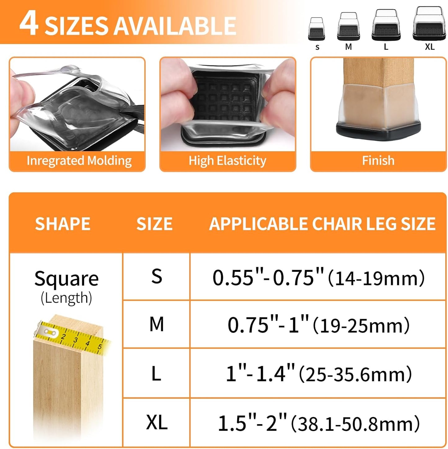 Ezprotekt 24 Pcs Clear Chair Leg Sliders for Carpet, Square Chair Glides for Rug, Teflon Furniture Pads Leg Protectors Caps - for Dining Table, Bar Stool, End Table Legs (L Fit:1" - 1.4")