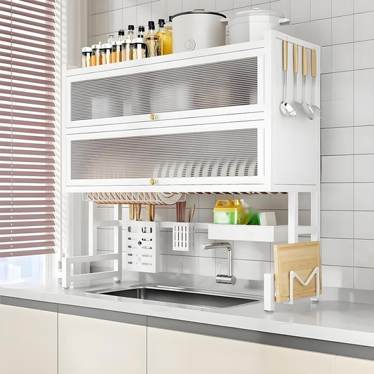 Dish Drying Rack 4 Tiers with Cover, Keep Kitchen Sink Shlef Organized Space-Saving Dish Drying Rack, Large Drying Rack for Dishes, Glasses, Bowls, Cutlery (White, W-25.6)