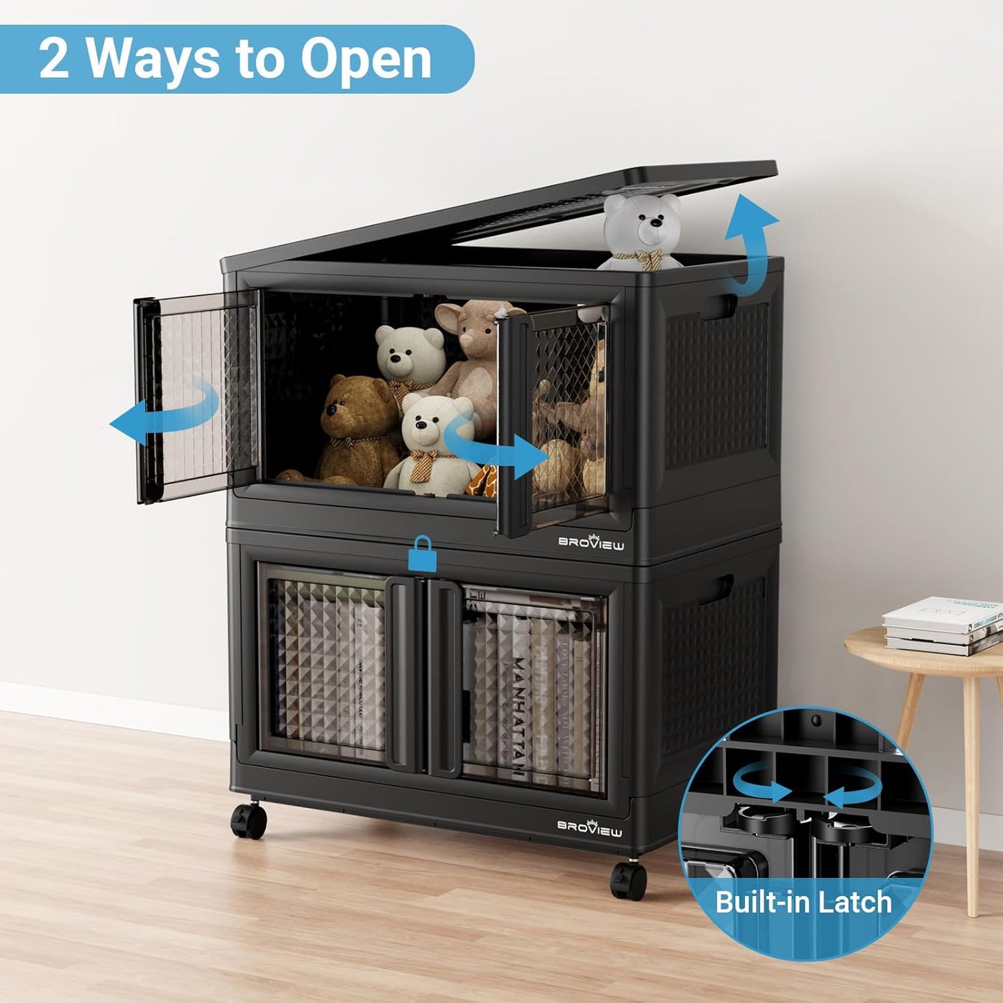 BROVIEW 500Qt Stackable Storage Bins with Lids, 125Gal Closet Organizers and Storage Drawer, Plastic Collapsible Storage Bins with Doors, Heavy Duty Store Box Cabinet for Home Kitchen, 5Pack Black