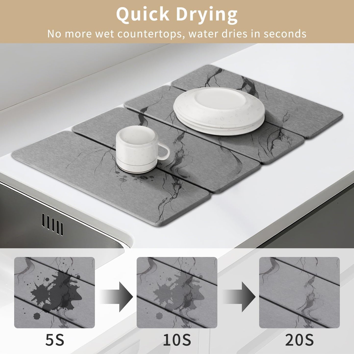 Large Stone Drying Mat for Kitchen Counter24"x16" , Misty Gray,Diatomaceous Earth Quick Dry Foldable Dish Drying Mat, Eco-Friendly Minimalist Design for Modern Homes (Gray, Large)