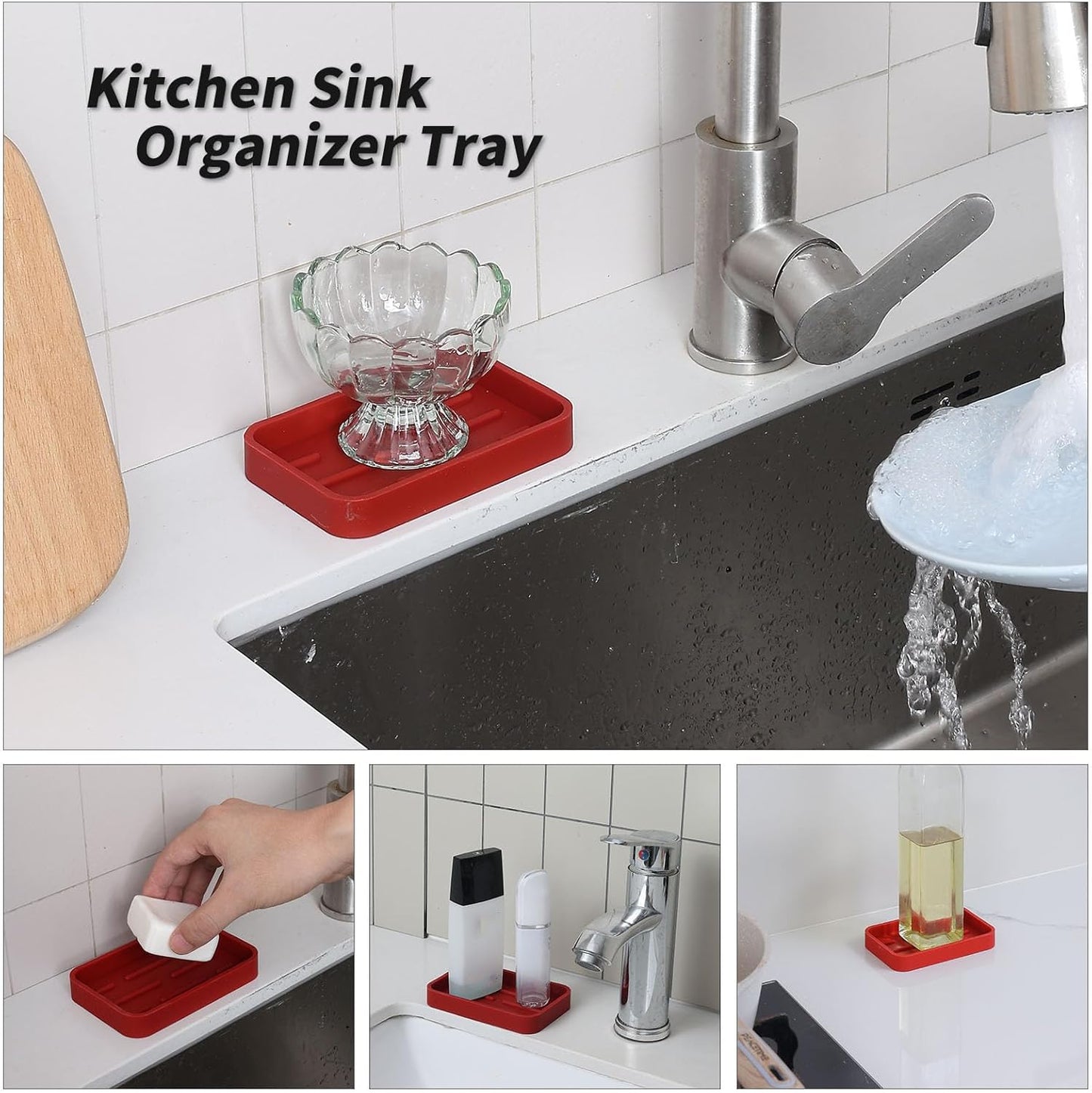 Silicone Kitchen Sink Organizer Tray for Multiple Usage,Easy Clean Sponges Holder for Kitchen Bathroom Counter or Sink,Dish Soap Dispenser,Scrubber,Bottle,Cup Red 4.9”x 3.2”