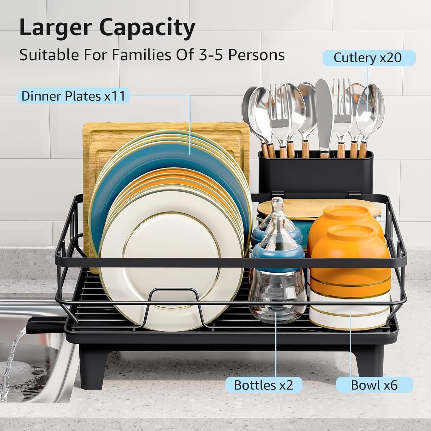 Dish Drying Rack for Kitchen Counter, Space-Saving Dish Rack, Multifunctional Dish Drainer Rack, Sink Kitchen Dishes Strainer, Dryer Rack with Drain Board, and Cutlery Holder,Small Size Black