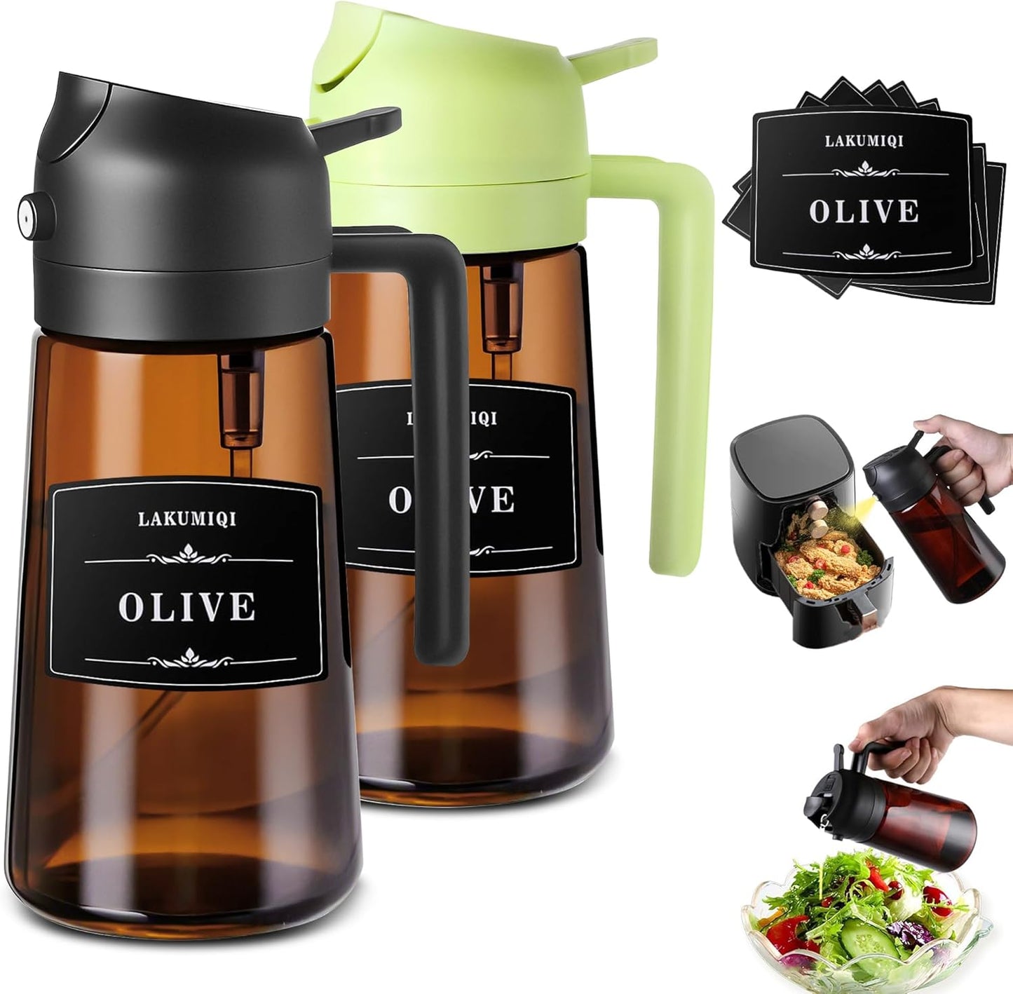2-in-1 Glass Oil Dispenser & Sprayer - 16oz/470ml Leakproof Bottle for Cooking, Air Fryer, BBQ, Baking, Salad (Light-Blockage Black And Green)