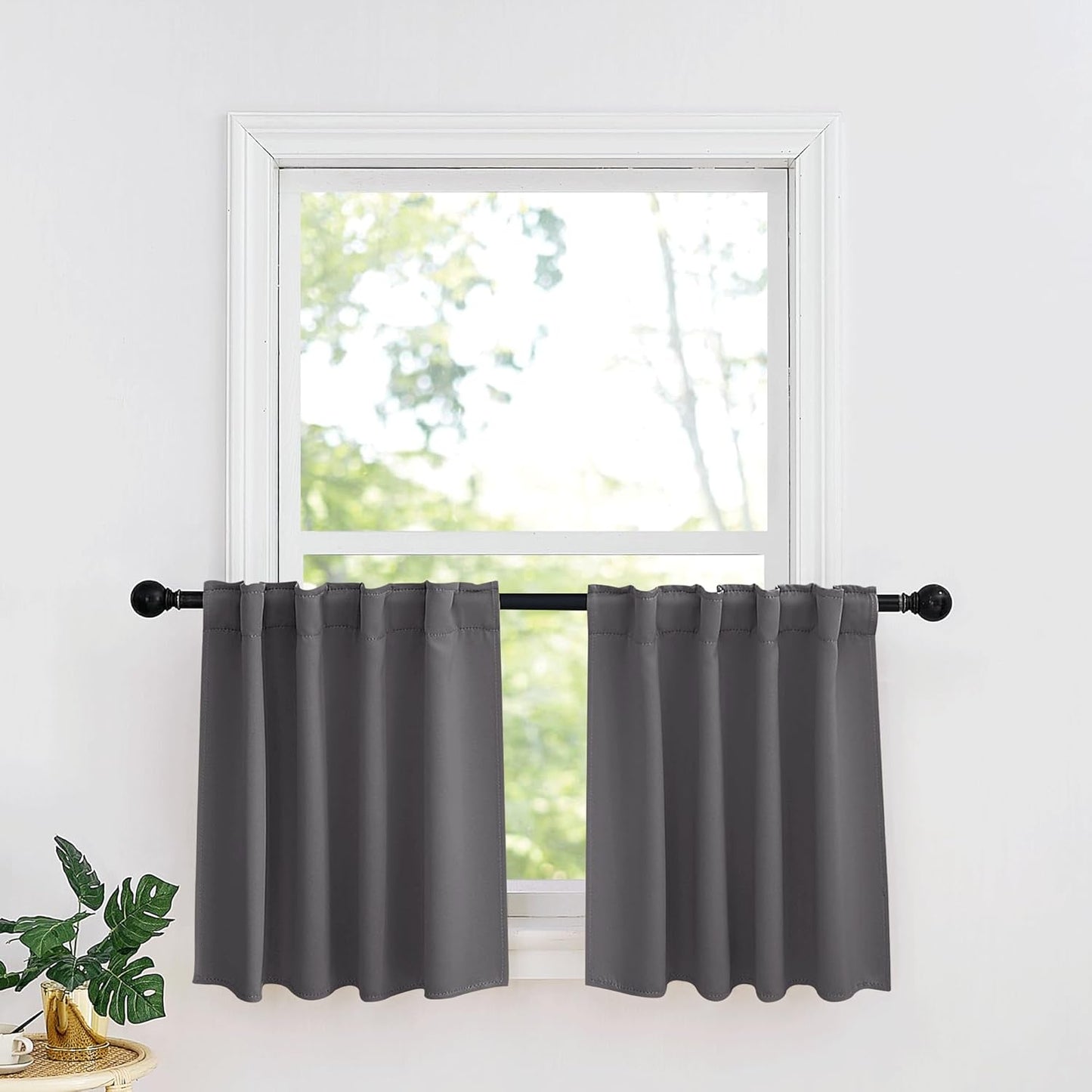 RYB HOME Kitchen Window Curtains - Blackout Privacy Half Window Curtains for Bedroom Bathroom Dining Living Room Cafe Office Short Tiers Drapes, W 34 x L 36 inches, 2 Panels, Grey