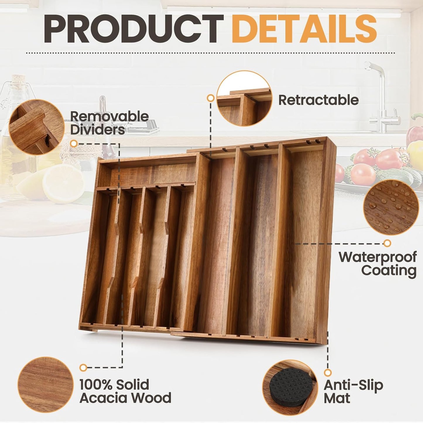 Acacia Wood Silverware Drawer Organizer, 21 Inch Adjustable Cutlery Tray for Kitchen Utensils, Silverware Flatware Storage Box with 5 Detachable Dividers(8-Compartment)