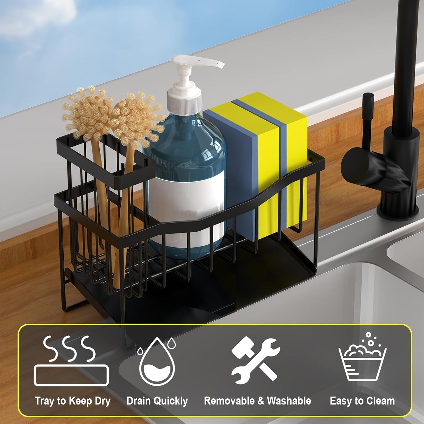 Maifan Sink Caddy Sponge Holder for Kitchen with Brush Holder and Stainless Steel Self Drain Tray, Rustproof Kitchen Sink Organizer for Sponge, Soap Dispenser Storage Accessories