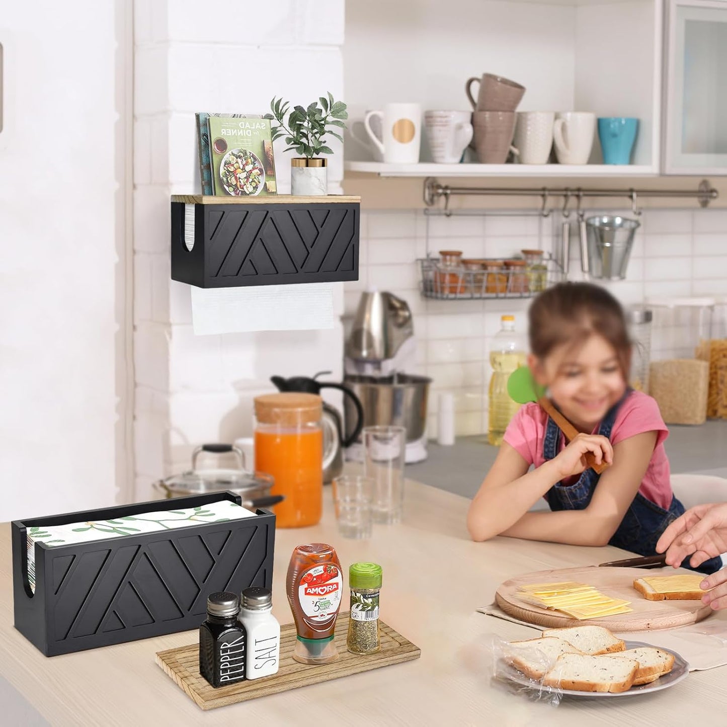 Set of 2 Paper Towel Dispenser Wall Mount, Paper Towel Holder Wall Mounted with Lid, Solid Wood Commercial C-Fold, Z-Fold, Trifold Hand Paper Towel Holder Hand Towel Holder for Bathroom Kitchen Decor