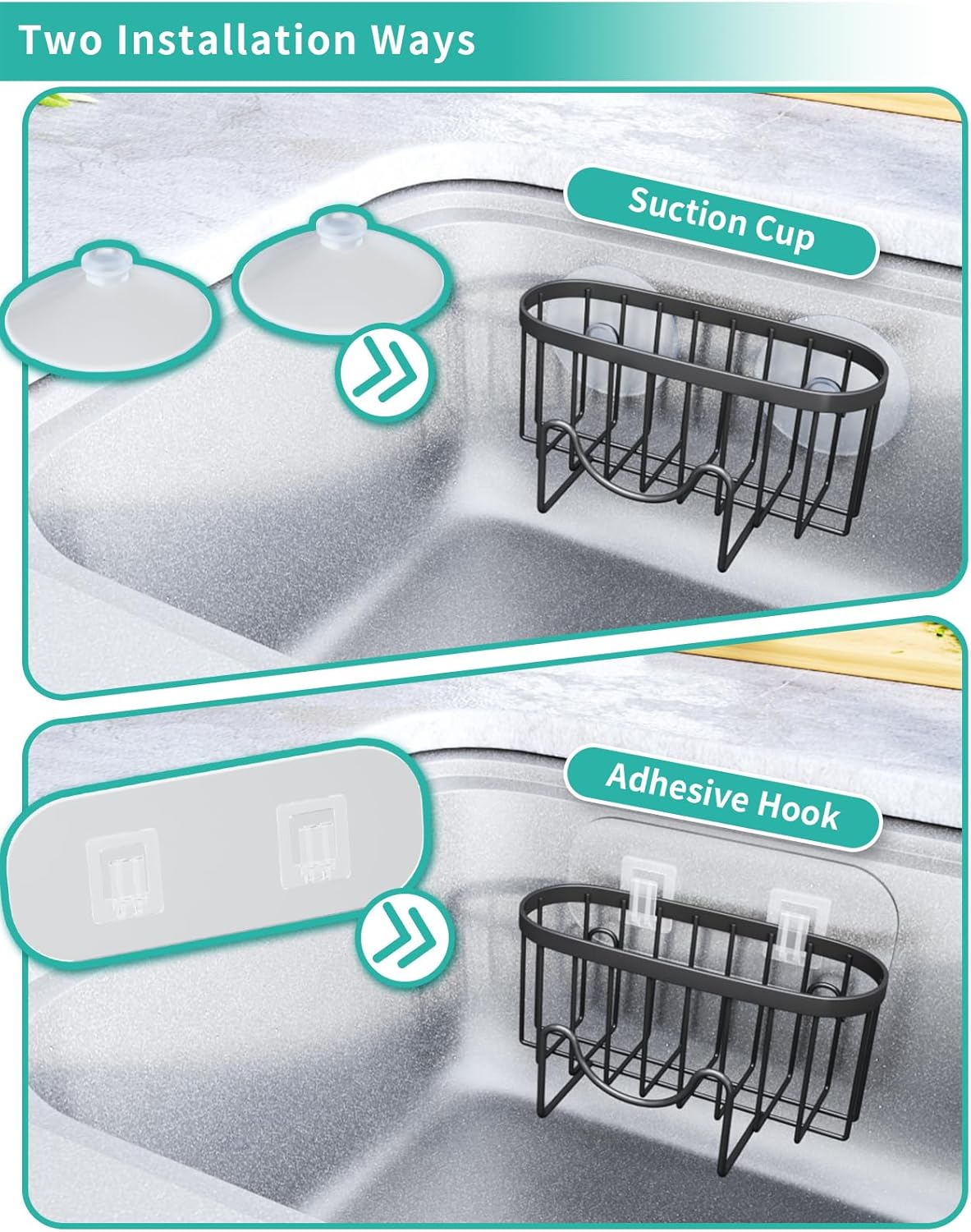 HapiRm Multifunctional Sponge Holder with Unique M-shaped, Two Installation Methods Kitchen Sink Organizer, Rustproof Stainless Steel Sink Caddy -Black（2-pack）