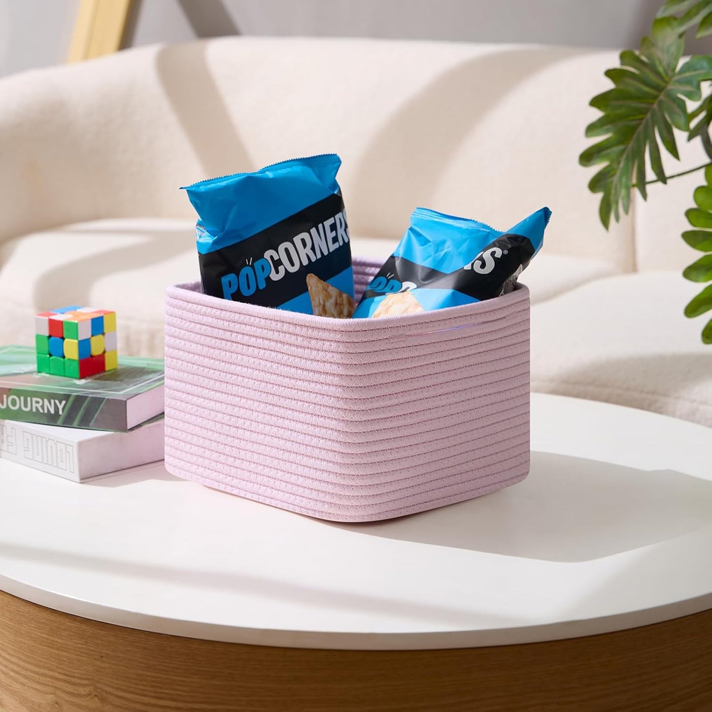 Small Organizing Baskets for Cubes Shelf, 9.7x9.7x7.1 Inch Rope Woven Storage Bins for Nursery Shelves Storage, Cute Toy Basket, Square 3 Packs Light Pink