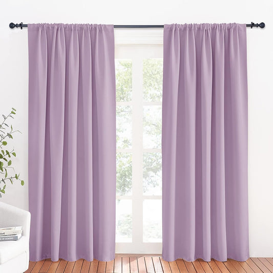 RYB HOME 70 inch Wide Curtains Blackout, Solid Durable Room Darkening Drapes for Bedroom Thermal Insulated Window Drapes for Living Room, W70 x L84 inch, 2 Panels, Lilac