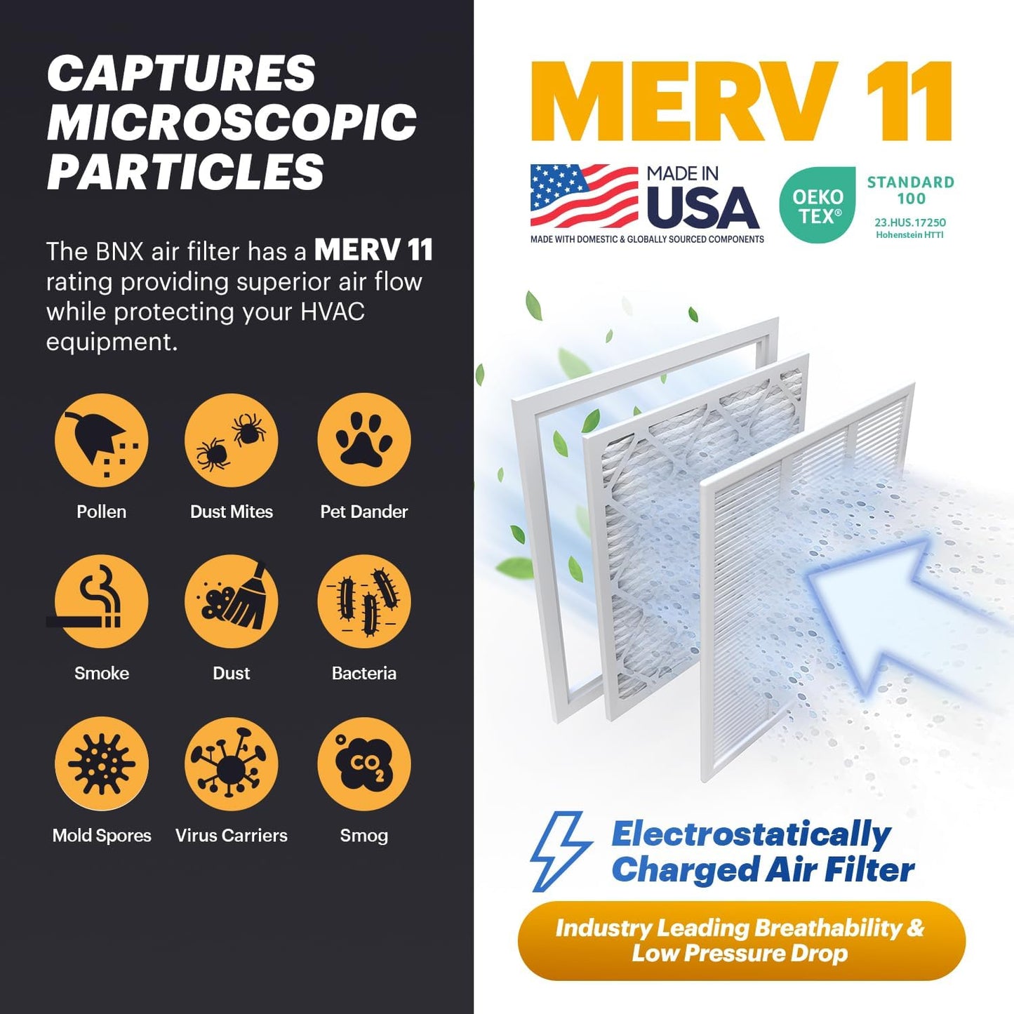 BNX TruFilter 18x18x1 Air Filter MERV 11 (6-Pack) - MADE IN USA - Allergen Defense Electrostatic Pleated Air Conditioner HVAC AC Furnace Filters for Allergies, Dust, Pet, Smoke, Allergy MPR 1200 FPR 7