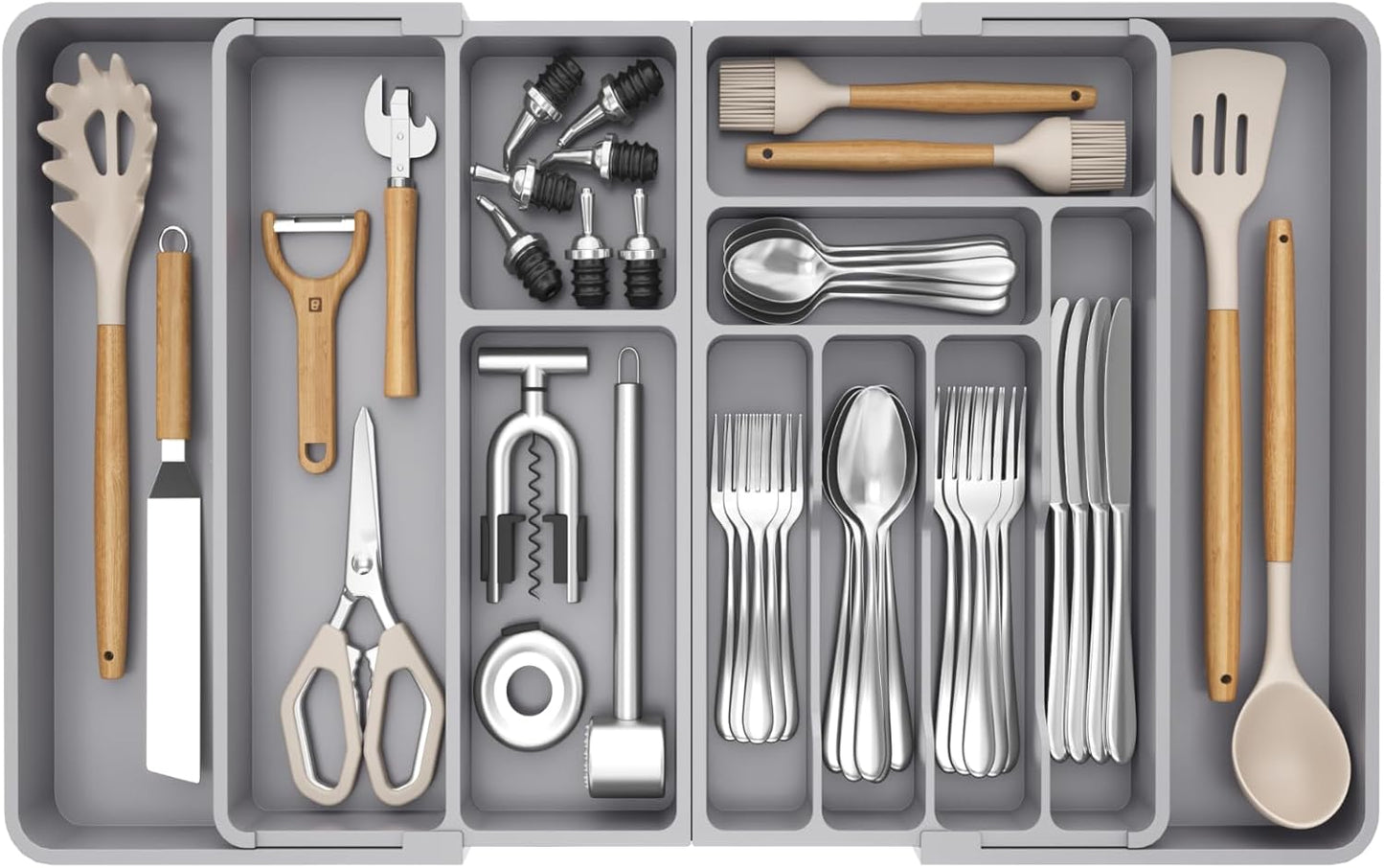 Lifewit Large Silverware Drawer Organizer, Plastic Cooking Utensil Tray for Kitchen, Expandable From 21 to 36 Inches, Adjustable Flatware Cutlery Spoon Fork Knife Spatula Gadgets Holder, Gray