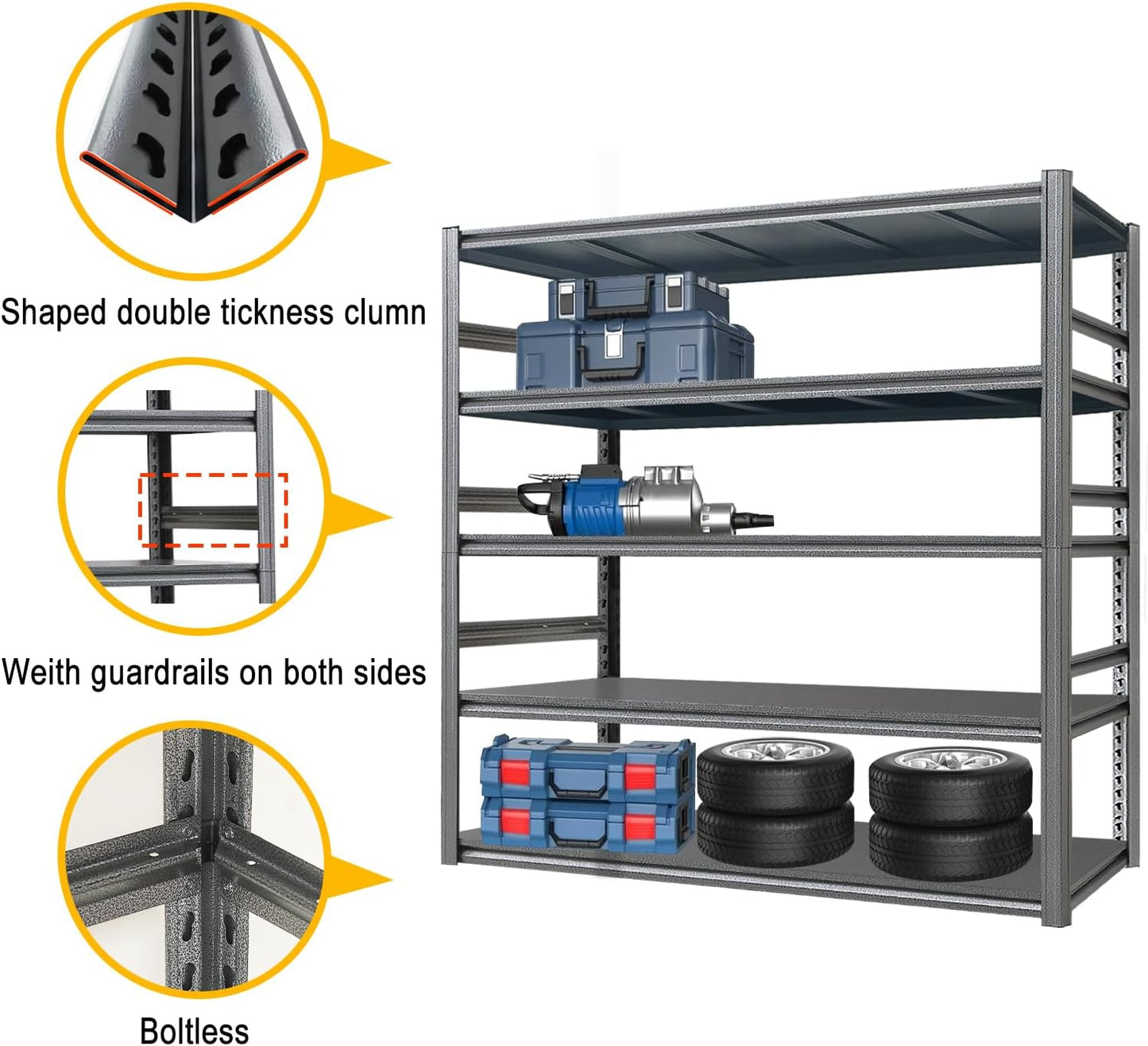 Storage Shelf 5-Tier Garage Shelving, Industrial Shelving with Guardrails, 2500LB Boltless Metal Shelves Heavy Duty for Storage Room, 18" D x 47.2" W x 72" H, Iron Black 2 Pack