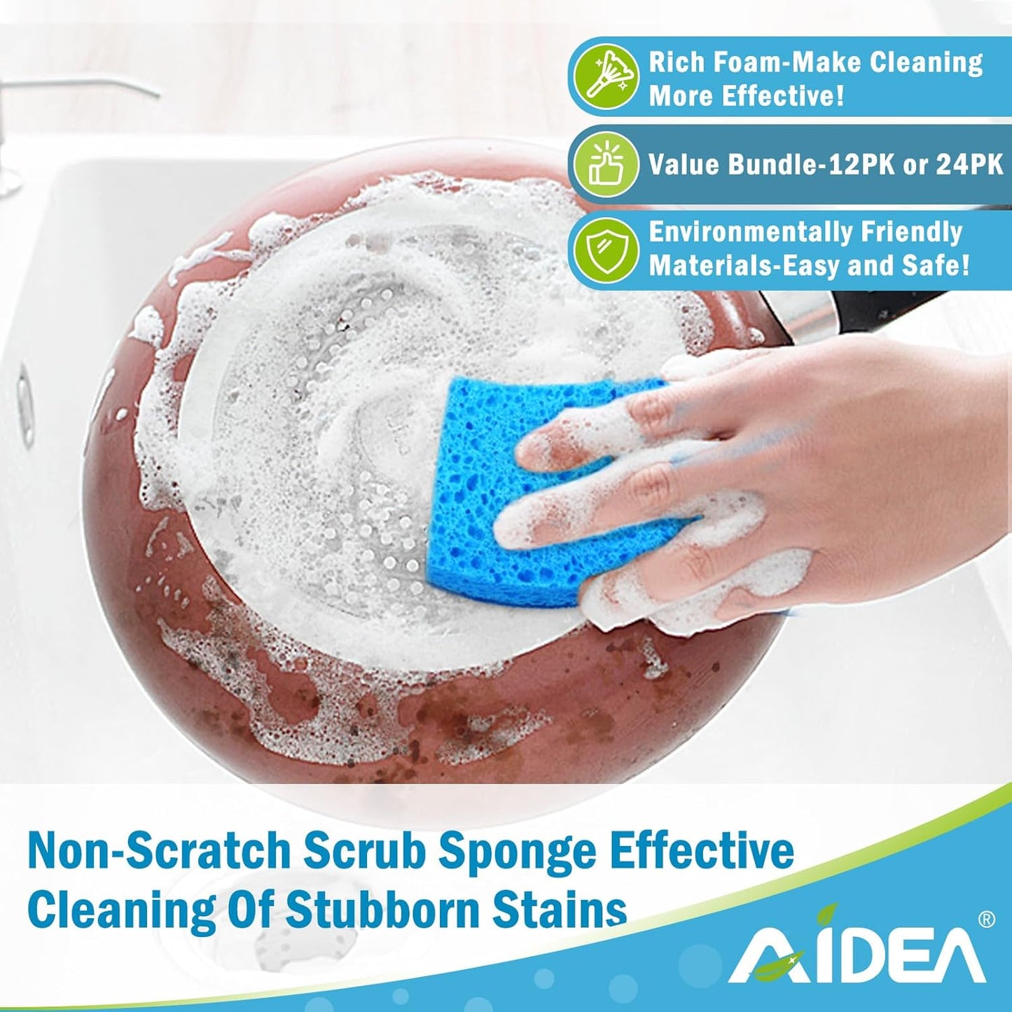 AIDEA Sponges Kitchen, Non Scratch Scrub Sponge, 12Count, Sponges for Non Stick Cookware, Cleaning Sponge for Dishes, Cleans Fast Without Scratching, Cleaning Power for Kitchen, Bathroom, Household