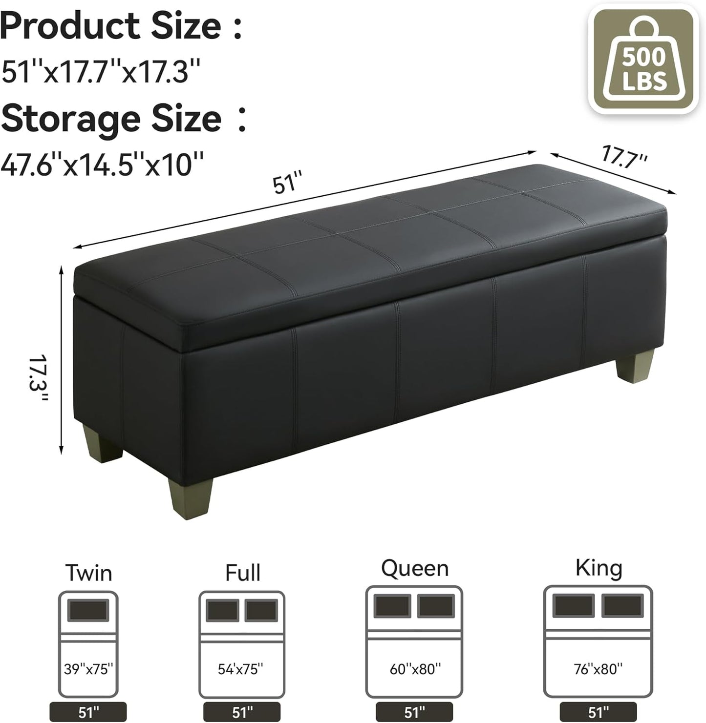 51" Faux Leather Storage Ottoman, Stitch Tufted Rectangle Upholstered End of Bed Storage Bench, Entryway Large Couch Ottoman with Wooden Legs, Dark Black