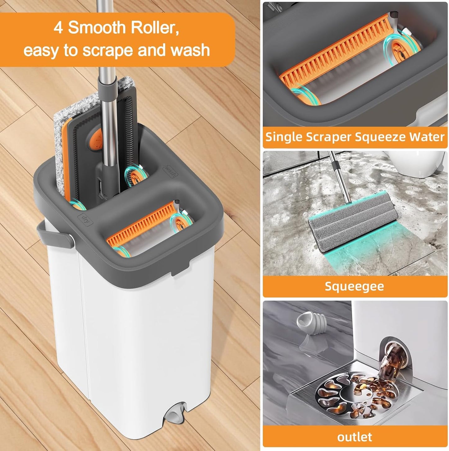 MOPALL Mop and Bucket with Wringer Set for Home, Hands-Free Flat Mop and Bucket Set for Floor Cleaning and Window Wall Cleaner, Wet and Dry Mop with 61" Long Handle and 4 Microfiber Pads