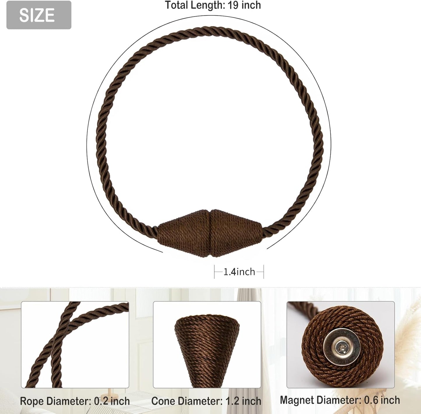 Magnetic Curtain Tiebacks 4 Pack Outdoor Rope Curtain Tie Backs Decorative Window Treatment Holdbacks for Home Decorative Curtain, Coffee