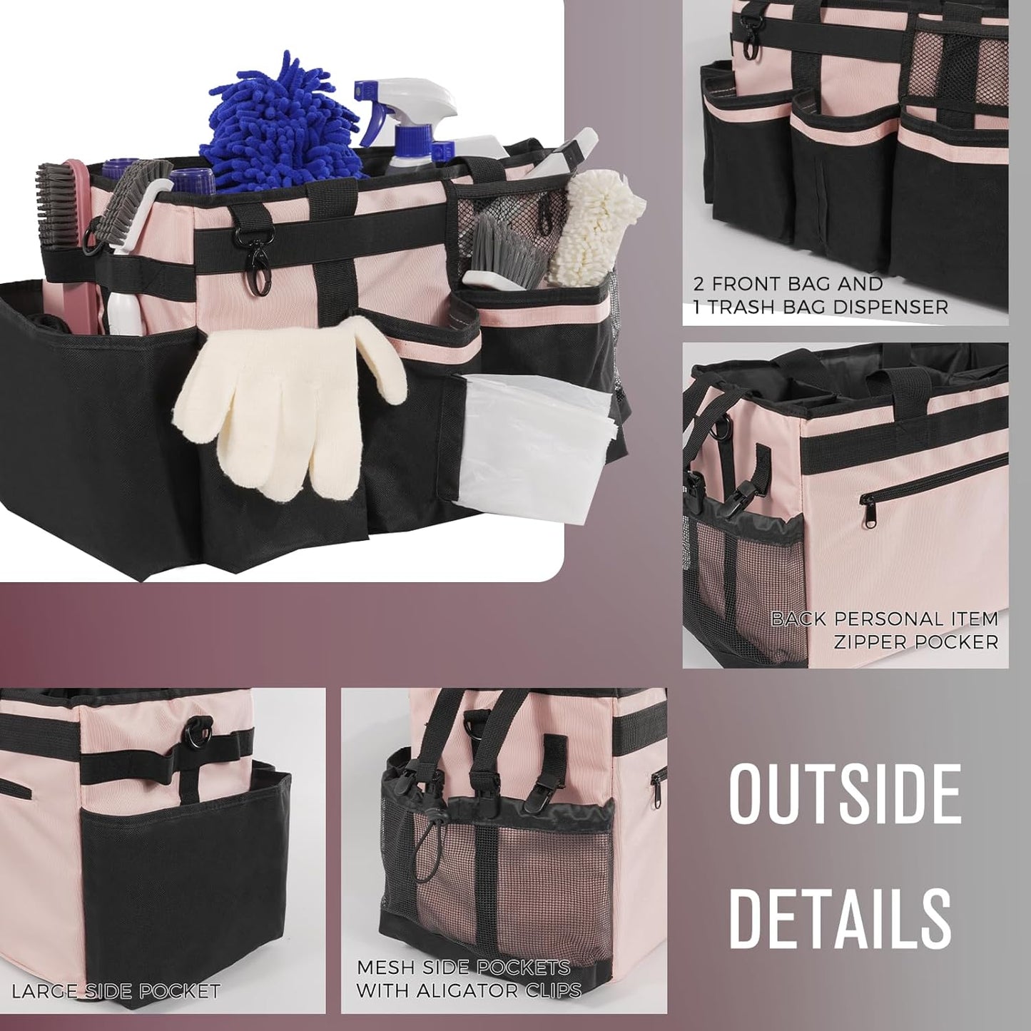 Wearable Cleaning Caddy, Cleaning Caddy Supplies Organizer with Handle & Shoulder Straps for Housekeepers, Under Sink & Car Cleaning Tool Organizers Bag with 4 Foldable Divider (Pink)