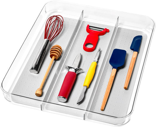 madesmart Utensil Tray - Large | Light Grey | Clear Soft Grip Collection | 3-compartment | Soft-grip Lining | Non-slip Feet | BPA-free