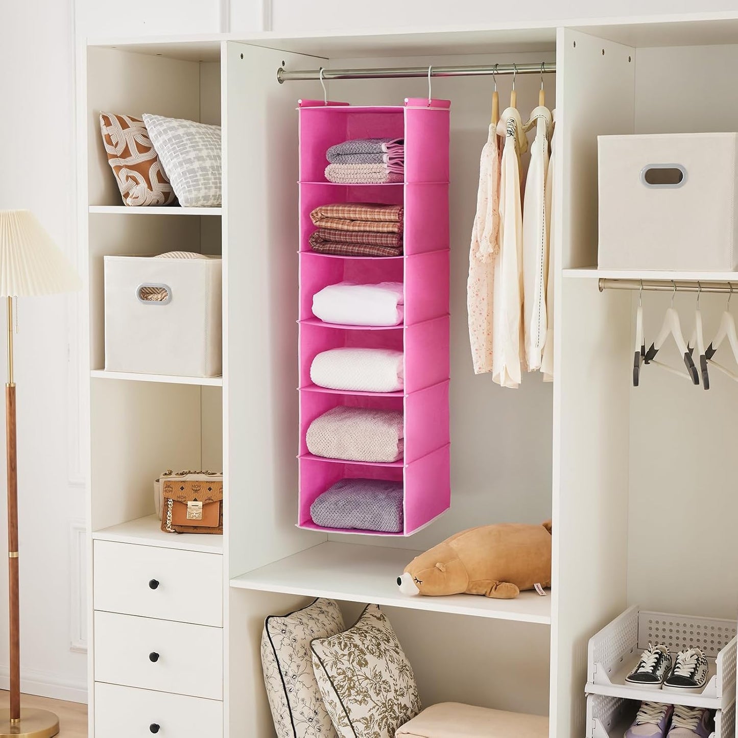 MAX Houser 6-Shelf Hanging Closet Organizer, Hanging Storage Shelves with 2 Sturdy Hooks Space-Saving for Bedroom, Foldable (Pink)